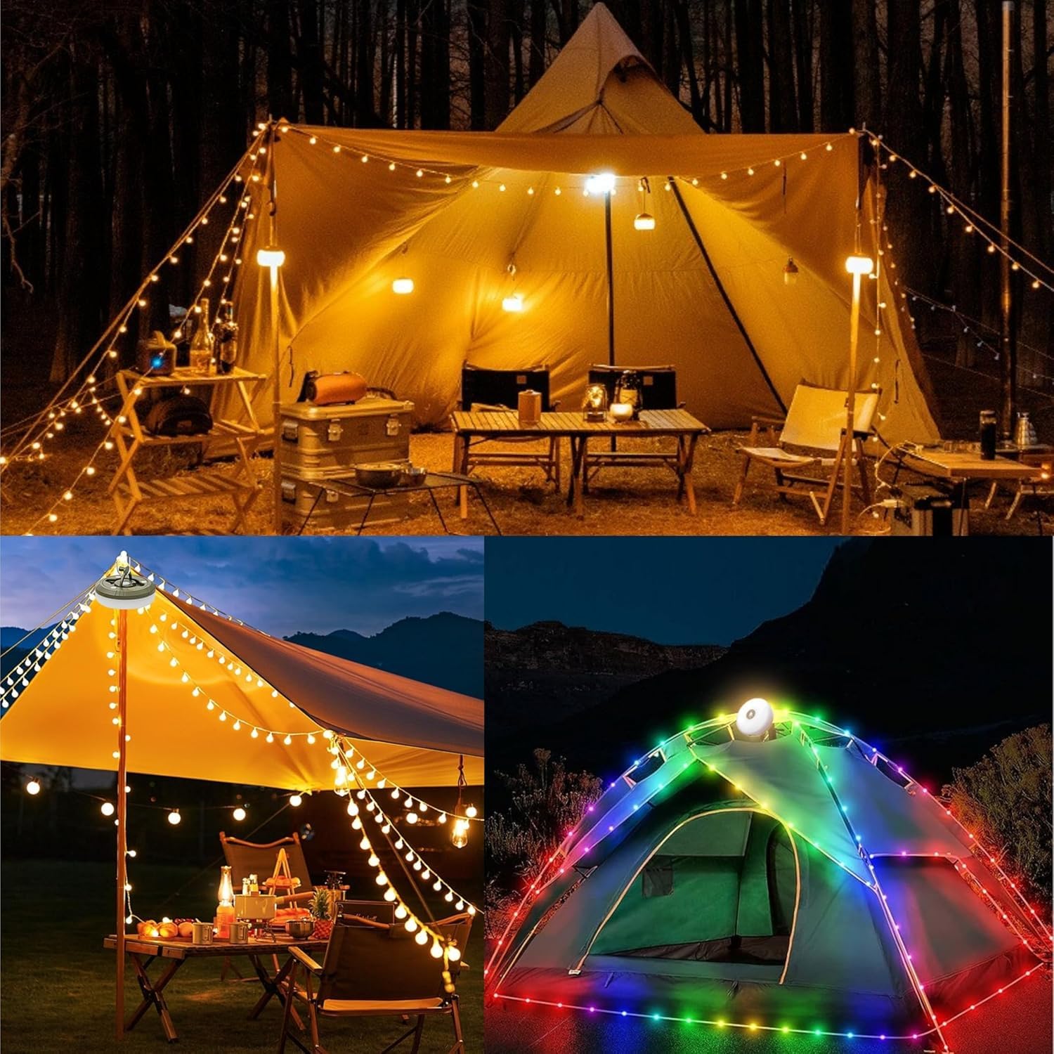 2-Pack Camping String Lights | Rechargeable 4 in 1 Quick Storage 32.8FT Tent Lights with 8 Modes | Hanging Waterproof LED Lamp f