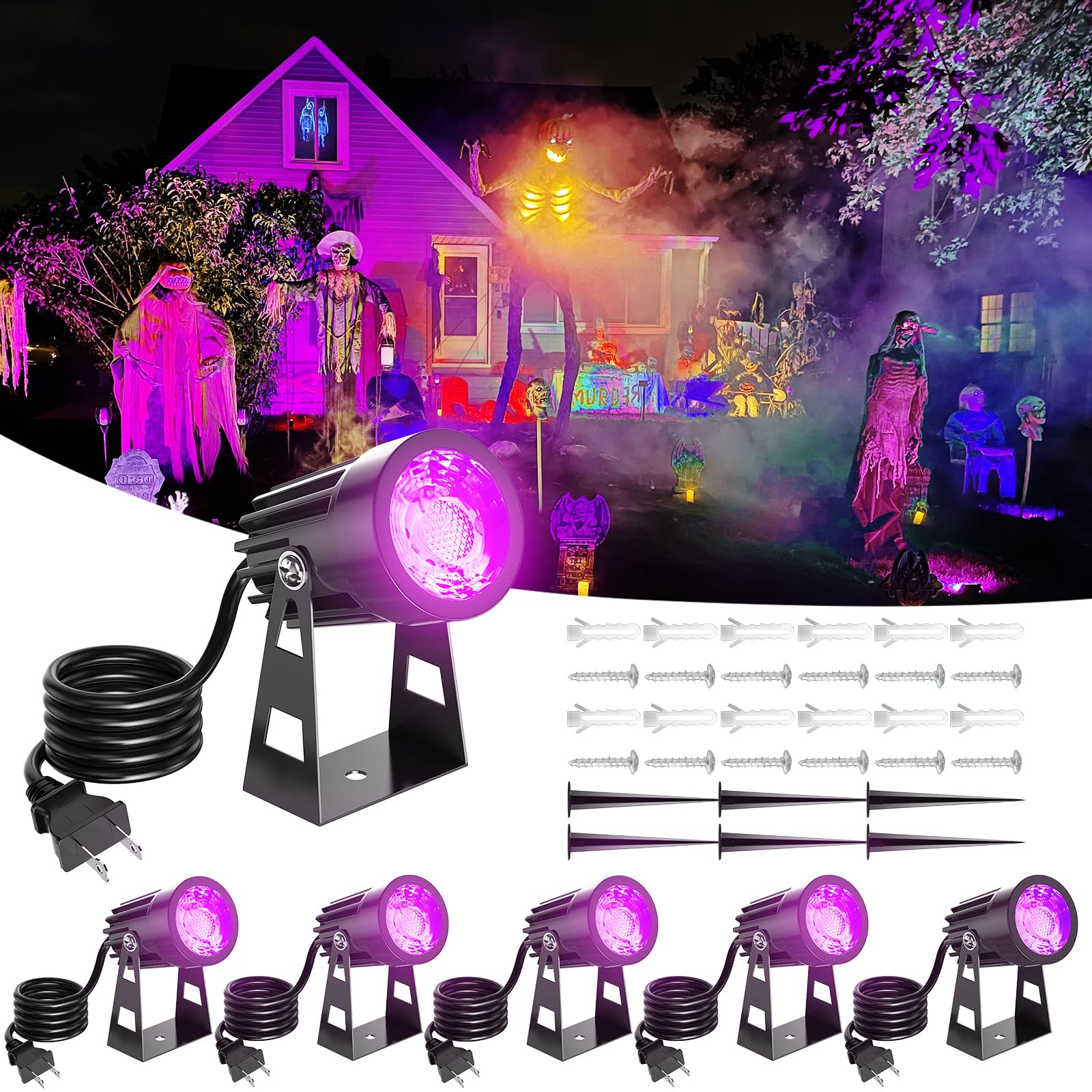Black Light Outdoor 3W Halloween Blacklight Spotlight IP67 Waterproof Landscape Lighting with Stake 5.9 Ft  Black Lights for Fluorescent Party  Poster Courtyard Garden  Stage  6 Pack