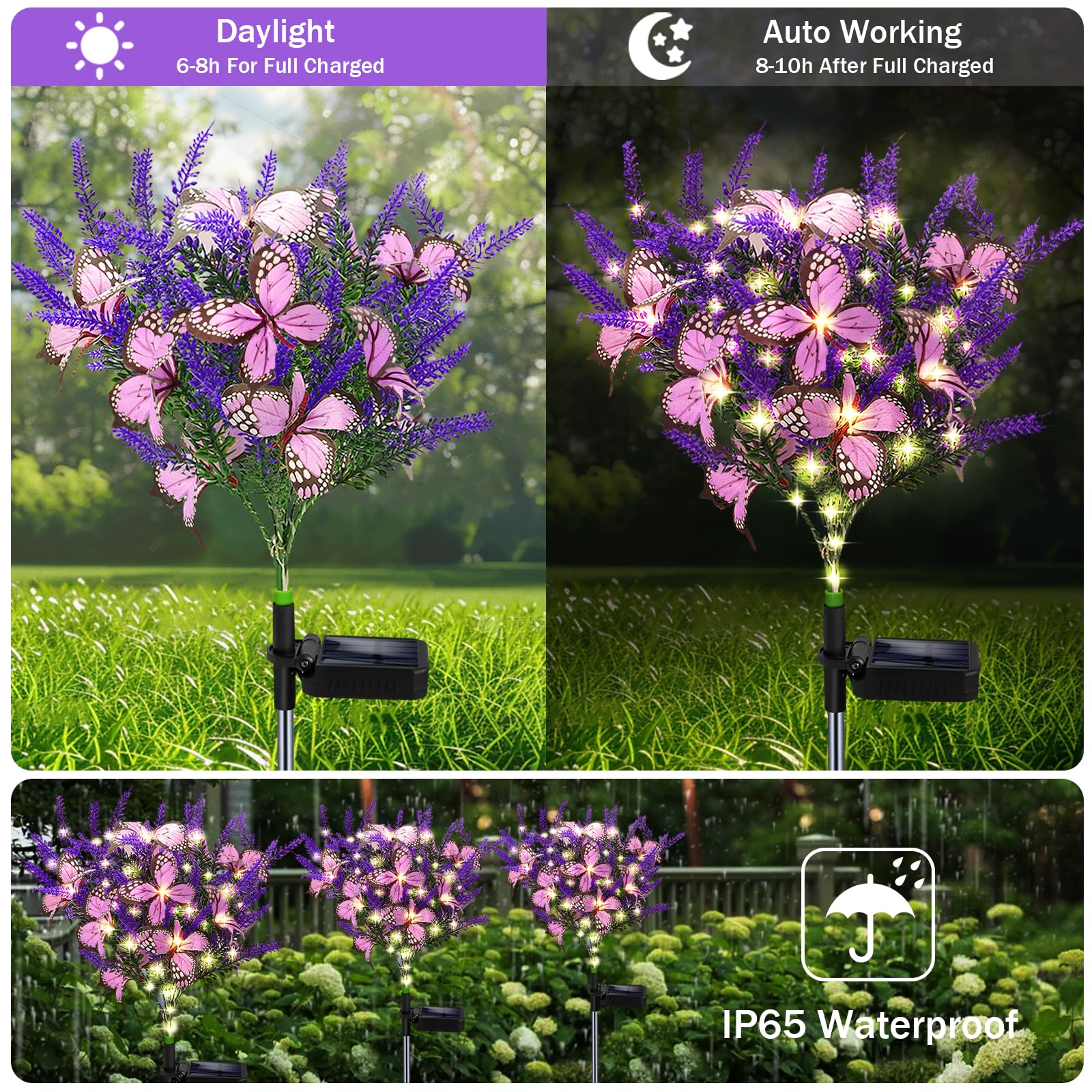 Kohlrabi Solar Garden Lights, 6 Pack Warm White Lavender Butterfly Decor for Lawn and Patio