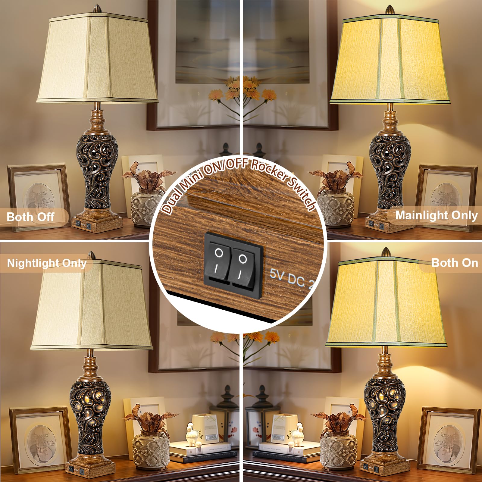 32'' Tall Rustic Vintage Table Lamps Set Of 2 With Night Lights - Bedside Lamp With Faux Silk Shades For Bedroom And Living Room
