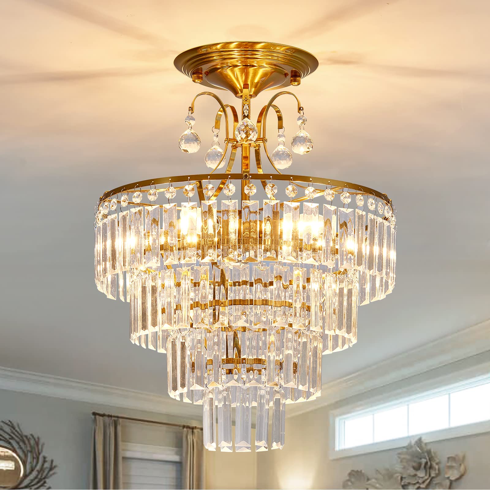 CVKASH 5-Light Crystal Gold Chandelier, Modern Semi Flush Mount Ceiling Light, 15.3 Inch, E12, Model W-1102