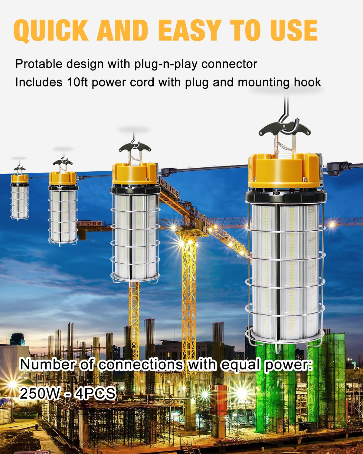 Jc-Lgl Led Temporary Work Light 250W, Construction Lights 5000K 30,000Lm Outdoor Job Site Lighting 10Ft Cord Ip65 Dust Waterproof Hanging Lighting