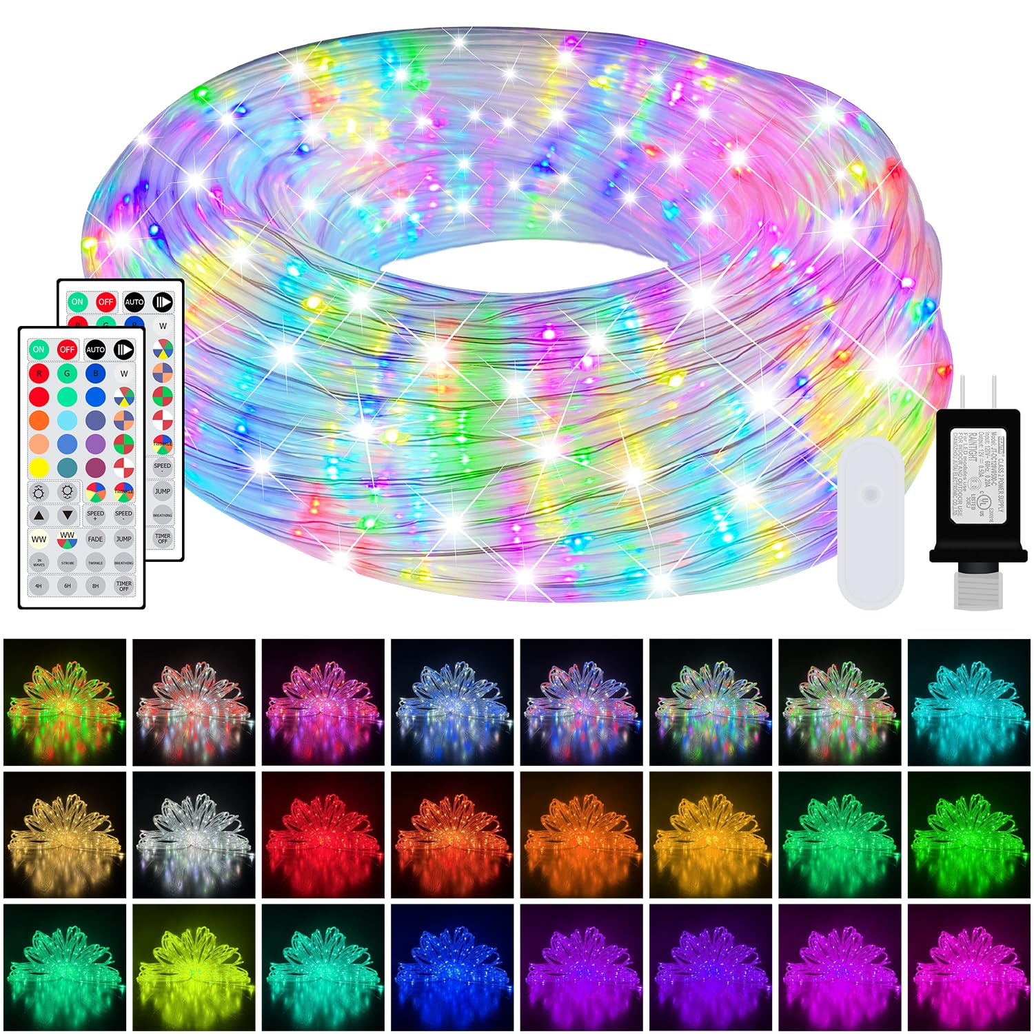100ft 25 Colors LED Rope Lights  Outdoor IP68 Waterproof Warm White RGB Double Lamp Beads Tube String lights with Dimmable 4 Brightness  Rope Light for Outside  Yard  Deck  Party  Birthday Decorations