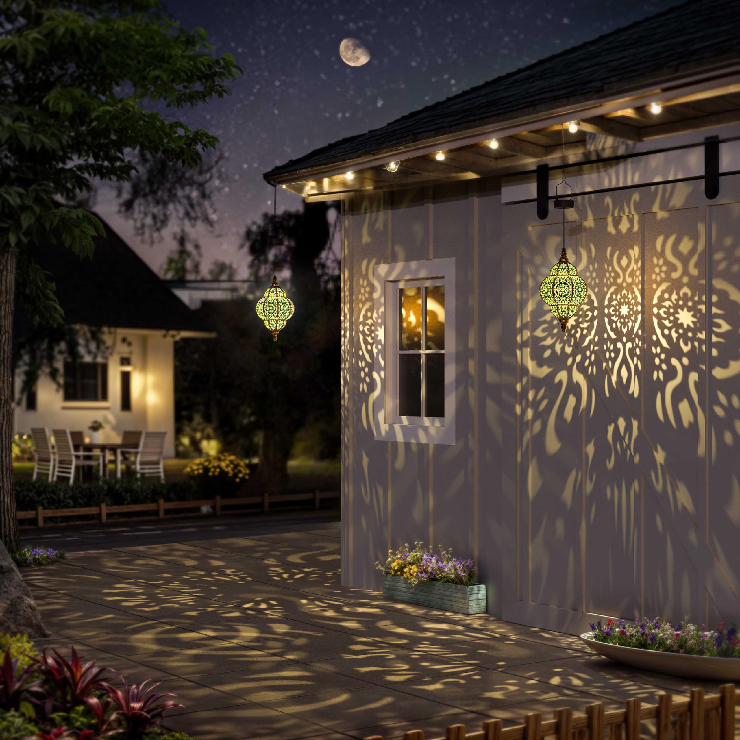 Hapjoy Hanging Solar Lights Outdoor Garden Decor Solar Lantern Waterproof Plastic Moroccan Outdoor Decorations For Patio Pathway