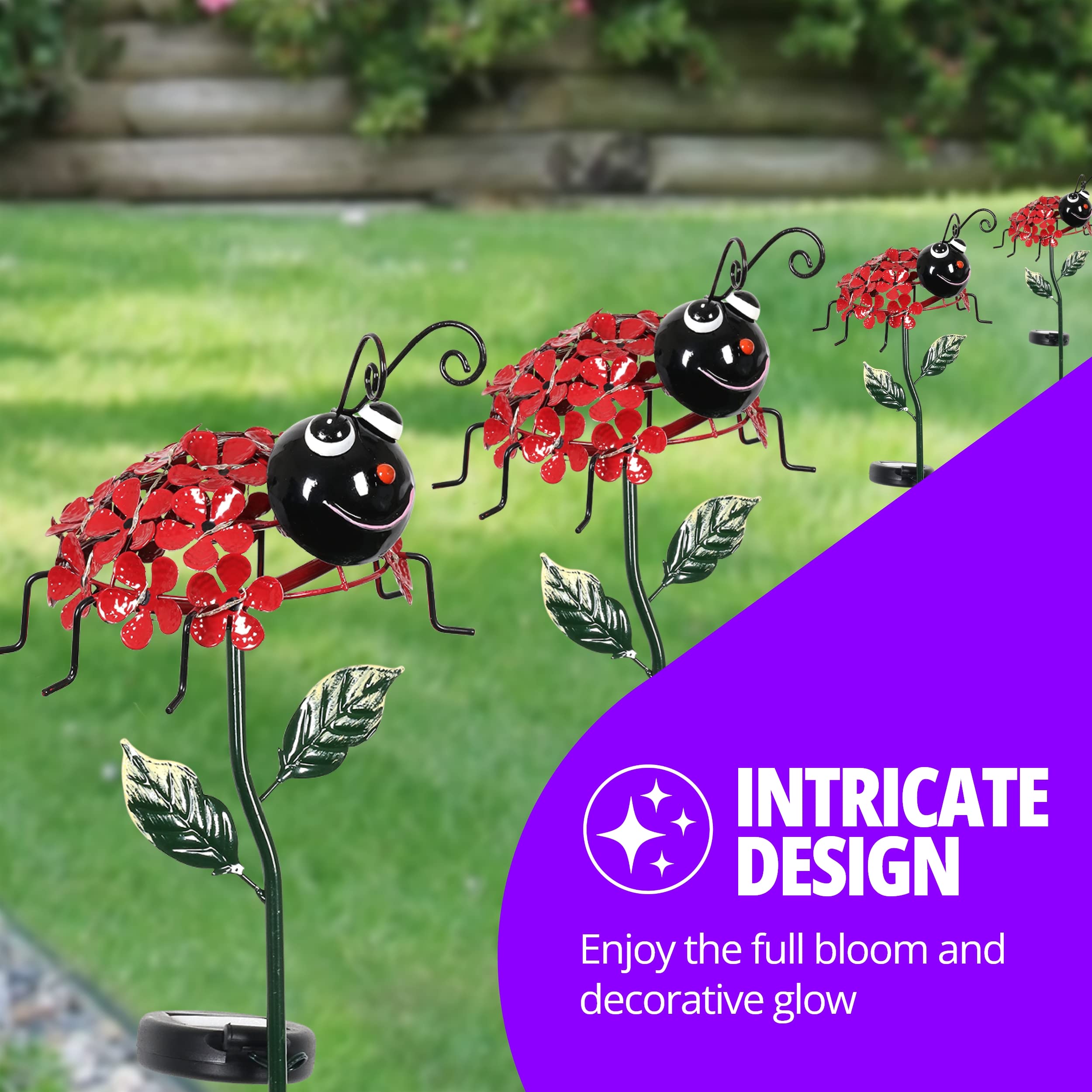 Exhart Garden Solar Lights, Decorative Red Ladybug With Flowers Garden Stake, 21 Leds, Cute Metal Outdoor Decoration, 8 X 26 Inc