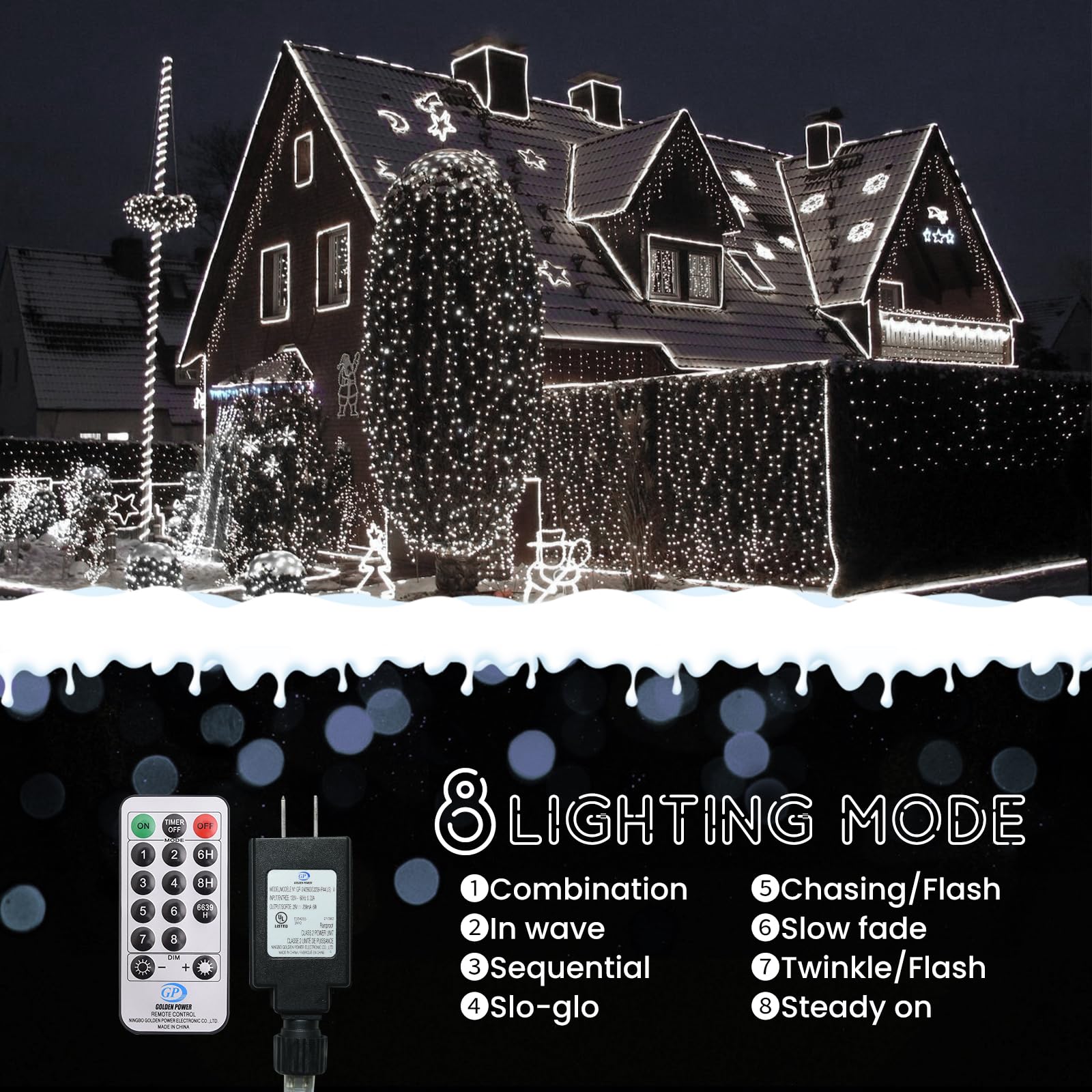 Lycklig Cluster Lights 2000 LED Twinkle Lights 147FT Remote 8 Modes Cool White BPW-2000LED-CW