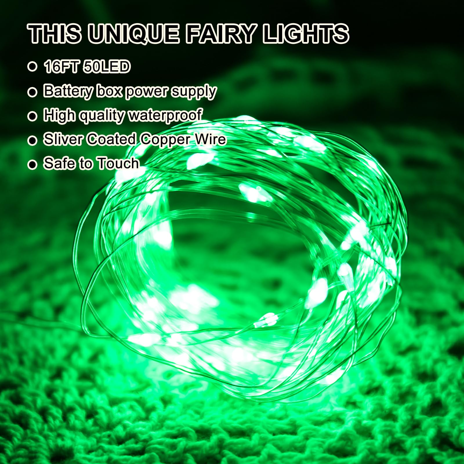 SINAMER Green Fairy Lights Battery Operated (Included), 8 Modes & Auto timer, 16FT 50Led Mini Twinkle Silver Wire Firefly Starry