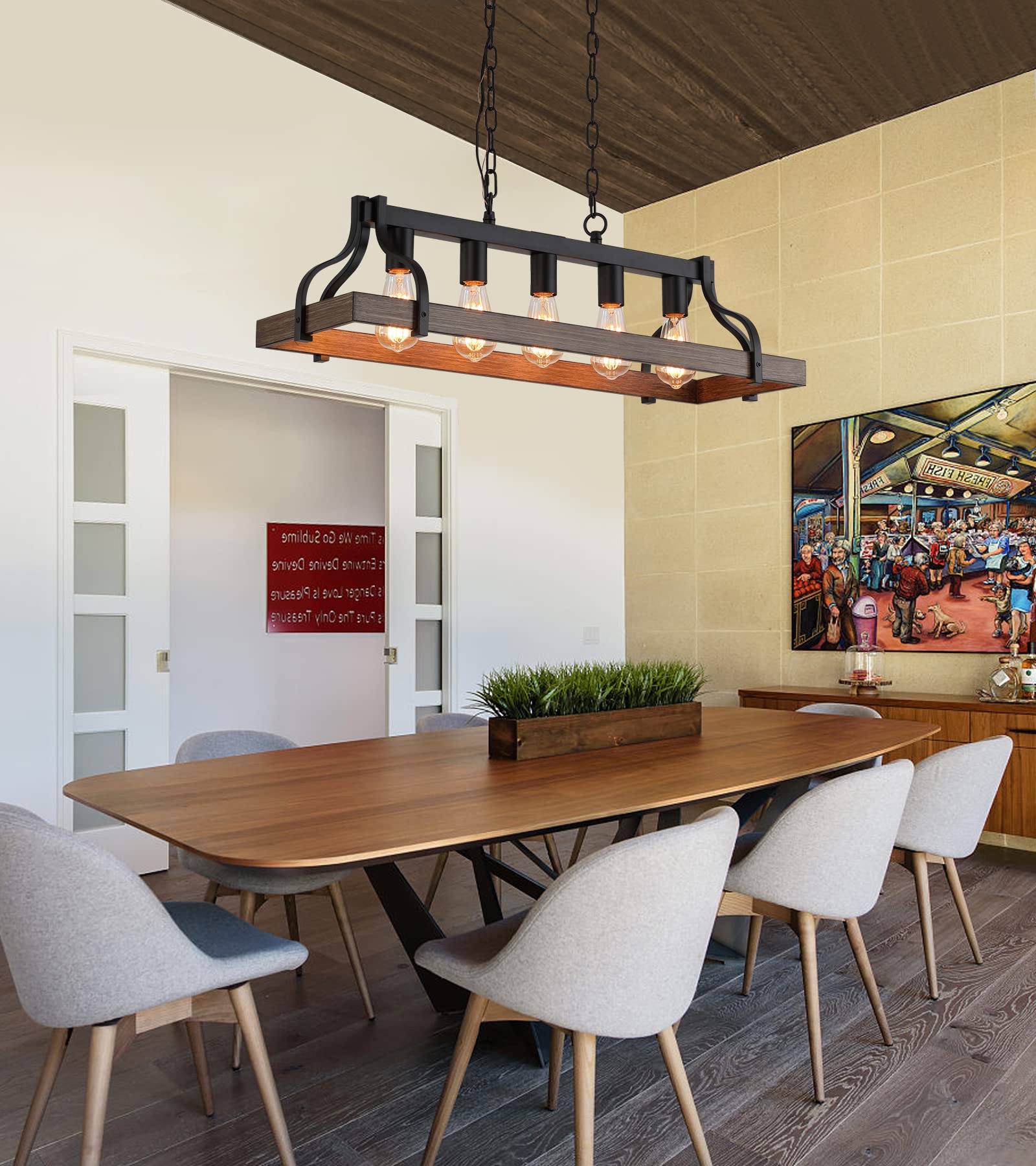 MEIXISUE Rustic 5-Light Industrial Chandelier, Black & Retro Wood Finish, L33.5" W10.6", UL Listed, Model MX-P2143-5A