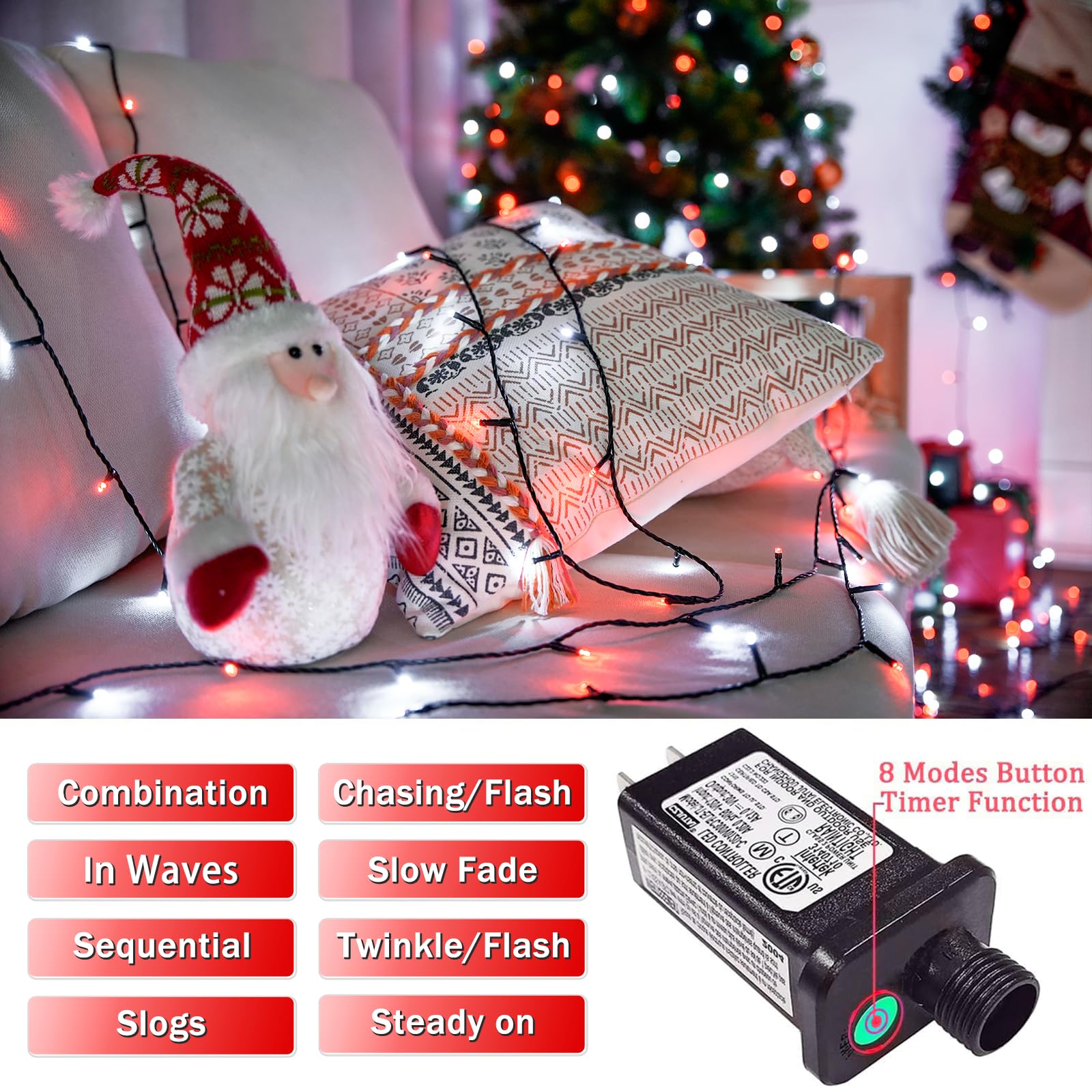 Jmexsuss 66Ft 200 Led Red And White Christmas Lights, Outdoor Christmas String Lights Plug In, Expandable Christmas Lights For T