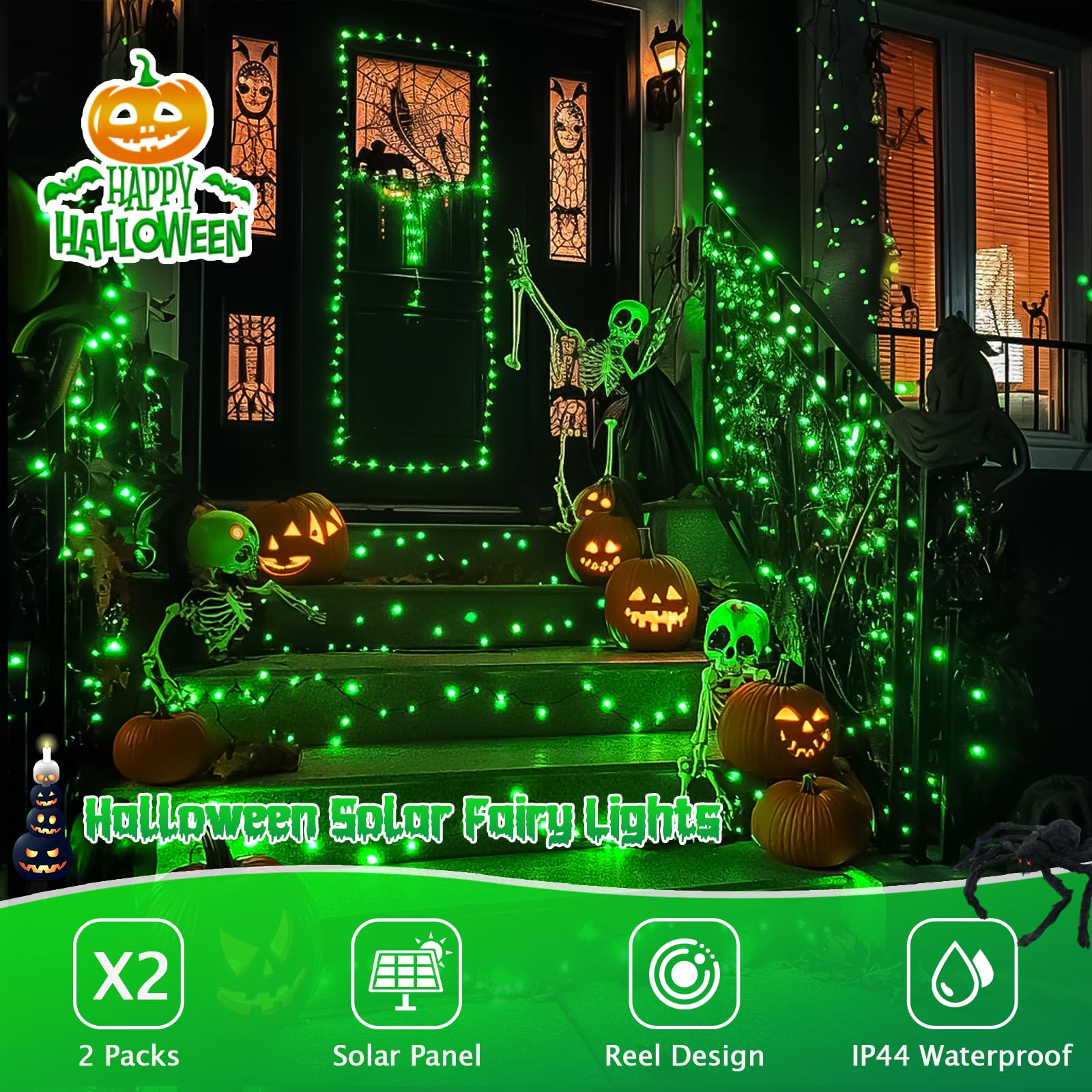 Jmexsuss 2 Pack Green Solar Halloween Lights Each 66Ft 200 Led Green Solar Lights Outdoor, 8 Modes Copper Wire Solar Fairy Light