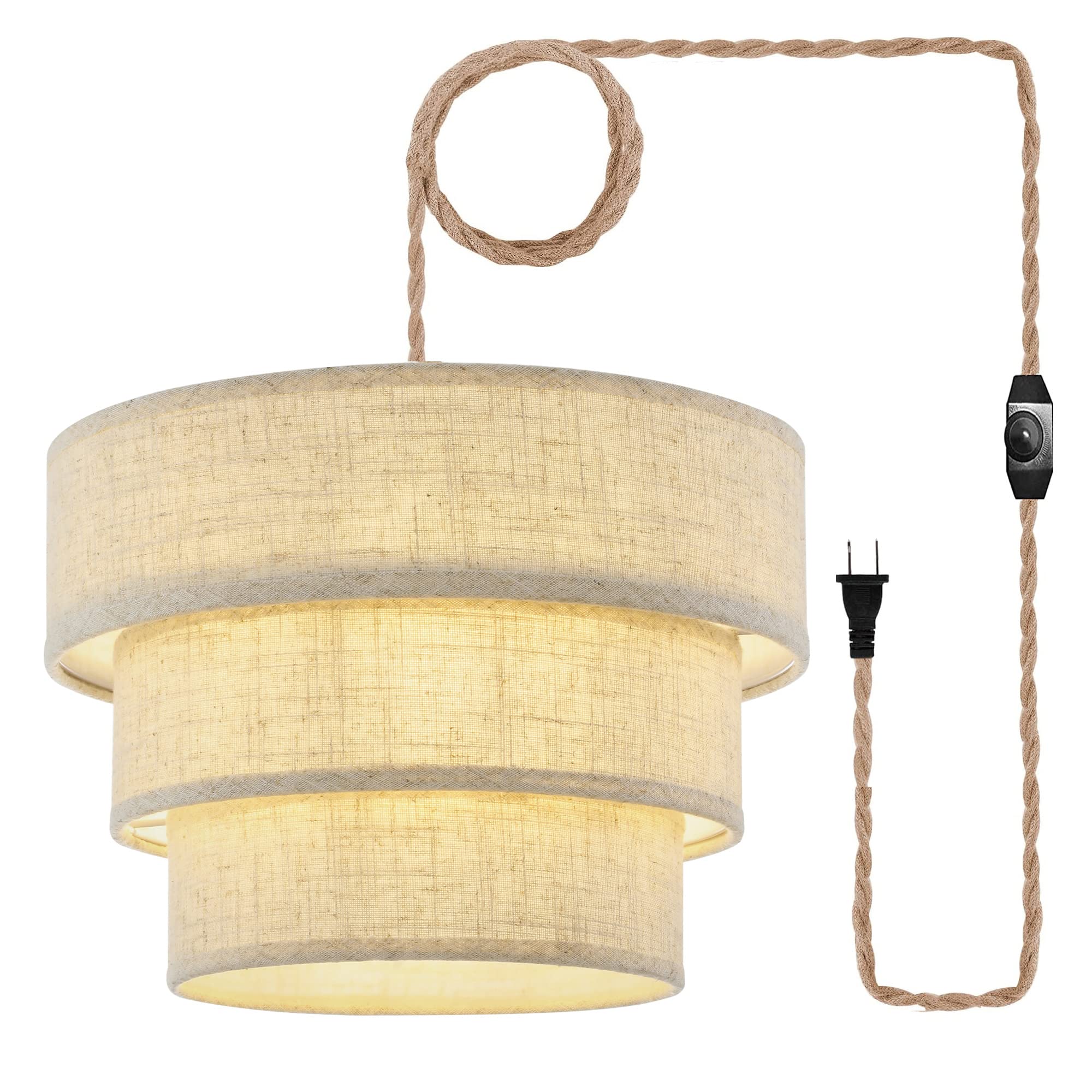 XININSUN 3-Tier Pendant Light with 15ft Hemp Rope Cord, E26 Dimmer Switch, Glass, Brown, Model 002