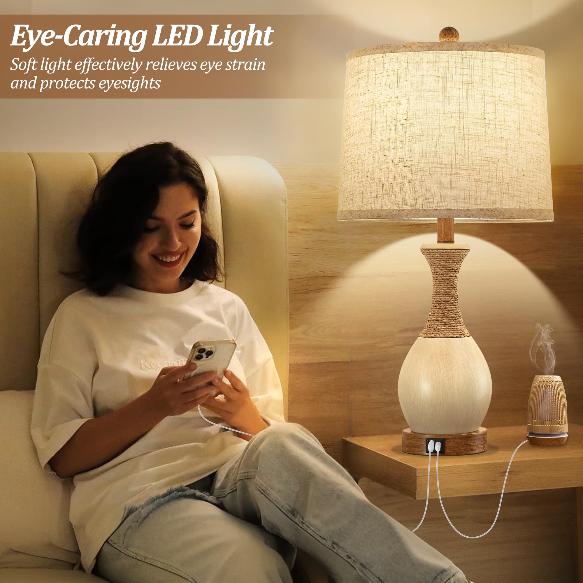 EJIAXIN Table Lamp Set of 2 - Boho Rattan with 3 Color Temperatures, USB Charging Ports, White - Bedroom Nightstand Lighting