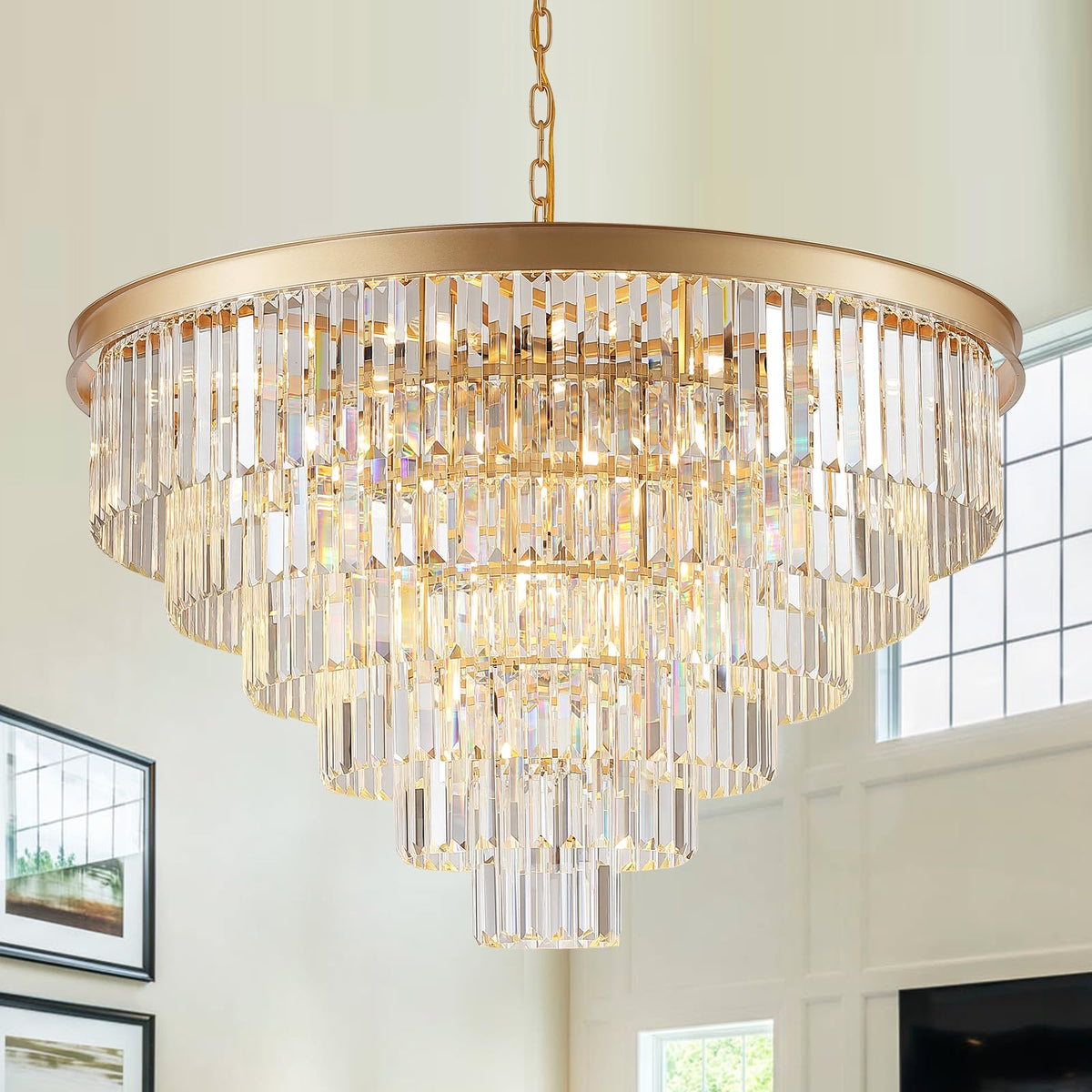 A AXILIXI Modern Gold Crystal Chandelier 35in 5-Tier K9 Metal Light Fi ...