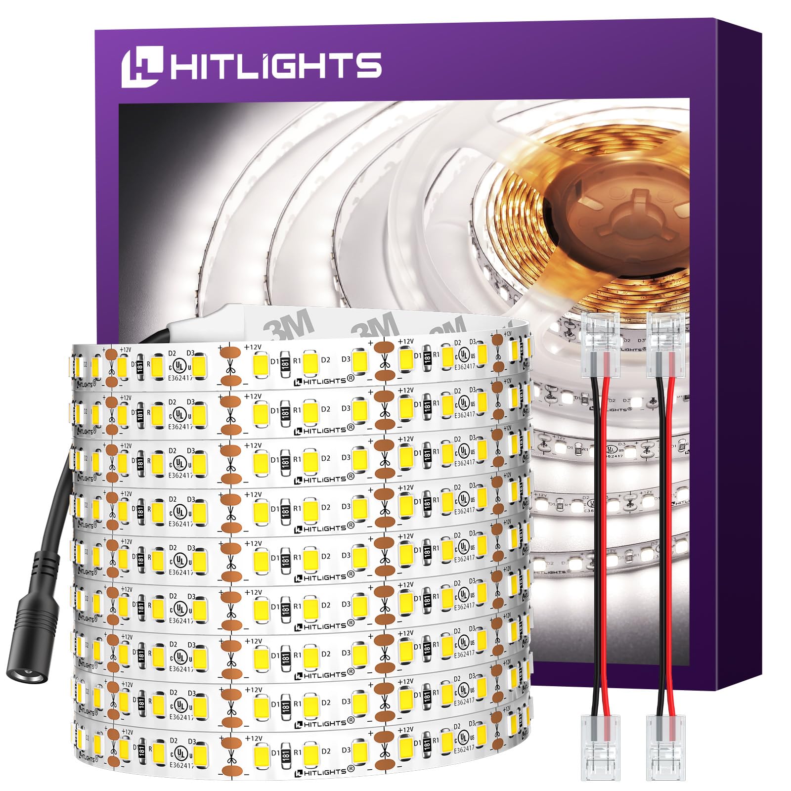 HitLights LED Strip Lights, 24.6FT, 900 LEDs, 5000K Cool White, UL-Listed, 12V DC