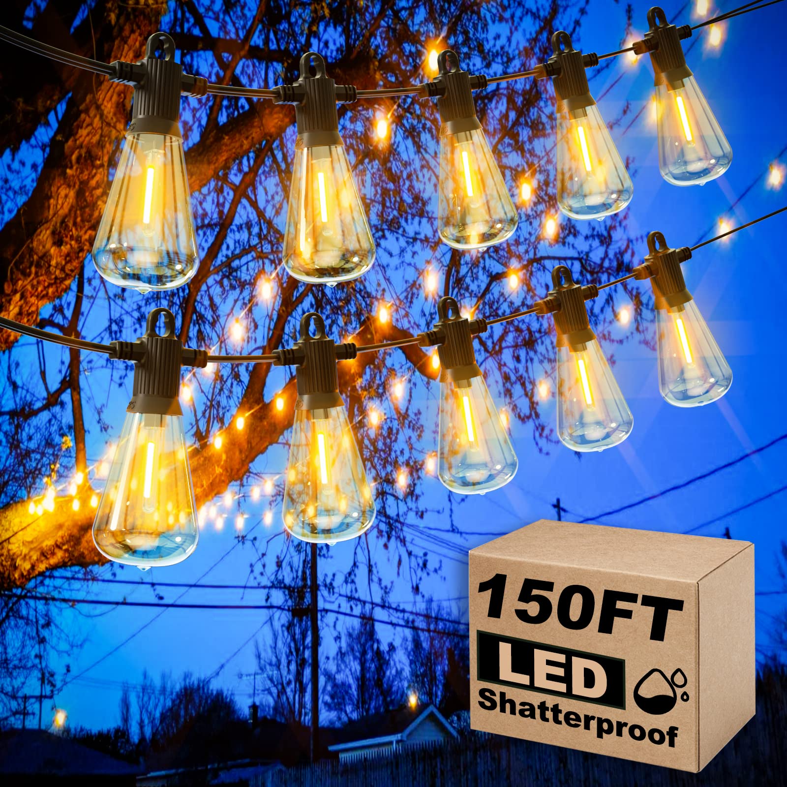 Zuske 150Ft Outdoor String Lights With 72 Vintage Edison Bulbs, Waterproof & Dimmable