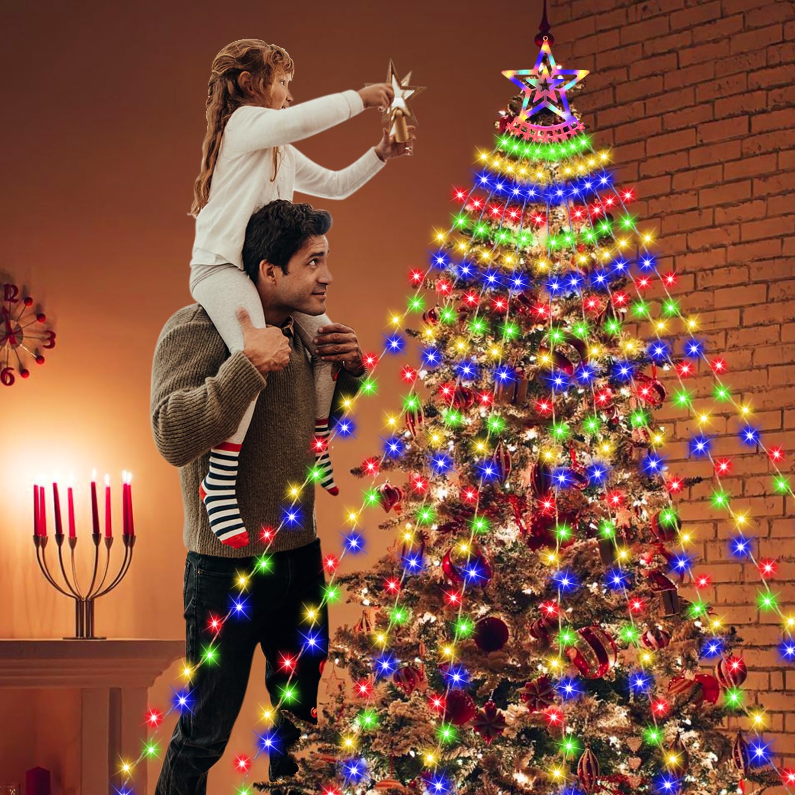 Christmas Decoration Lights, Outdoor Christmas String Lights 320 Led 11.5 Ft Waterfall Tree Lights With Big Star Topper 8 Light