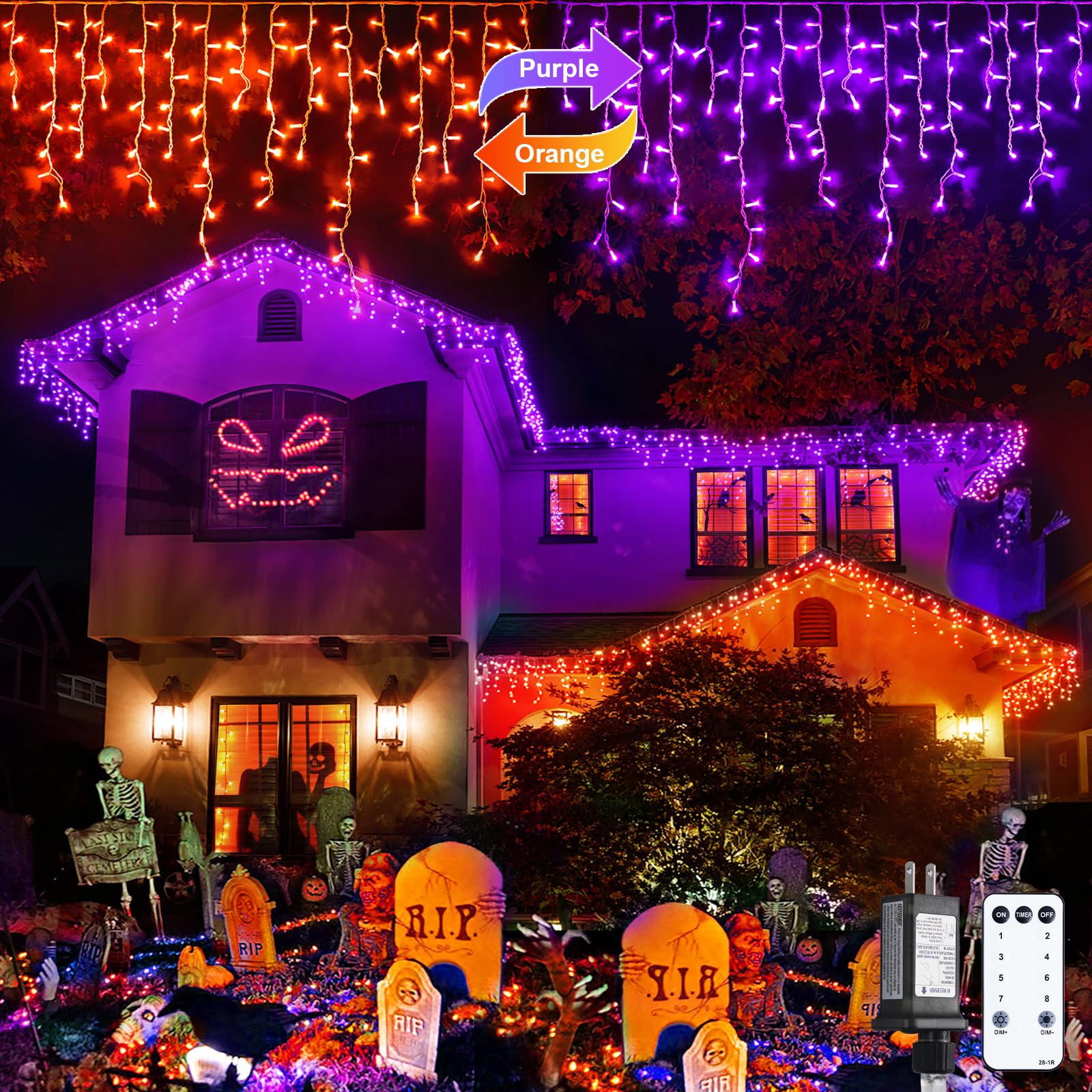 JMEXSUSS Halloween Icicle Lights, 400 LED, Waterproof, 11 Modes, Color Changing Orange to Purple, Model EXS-I-0400-R