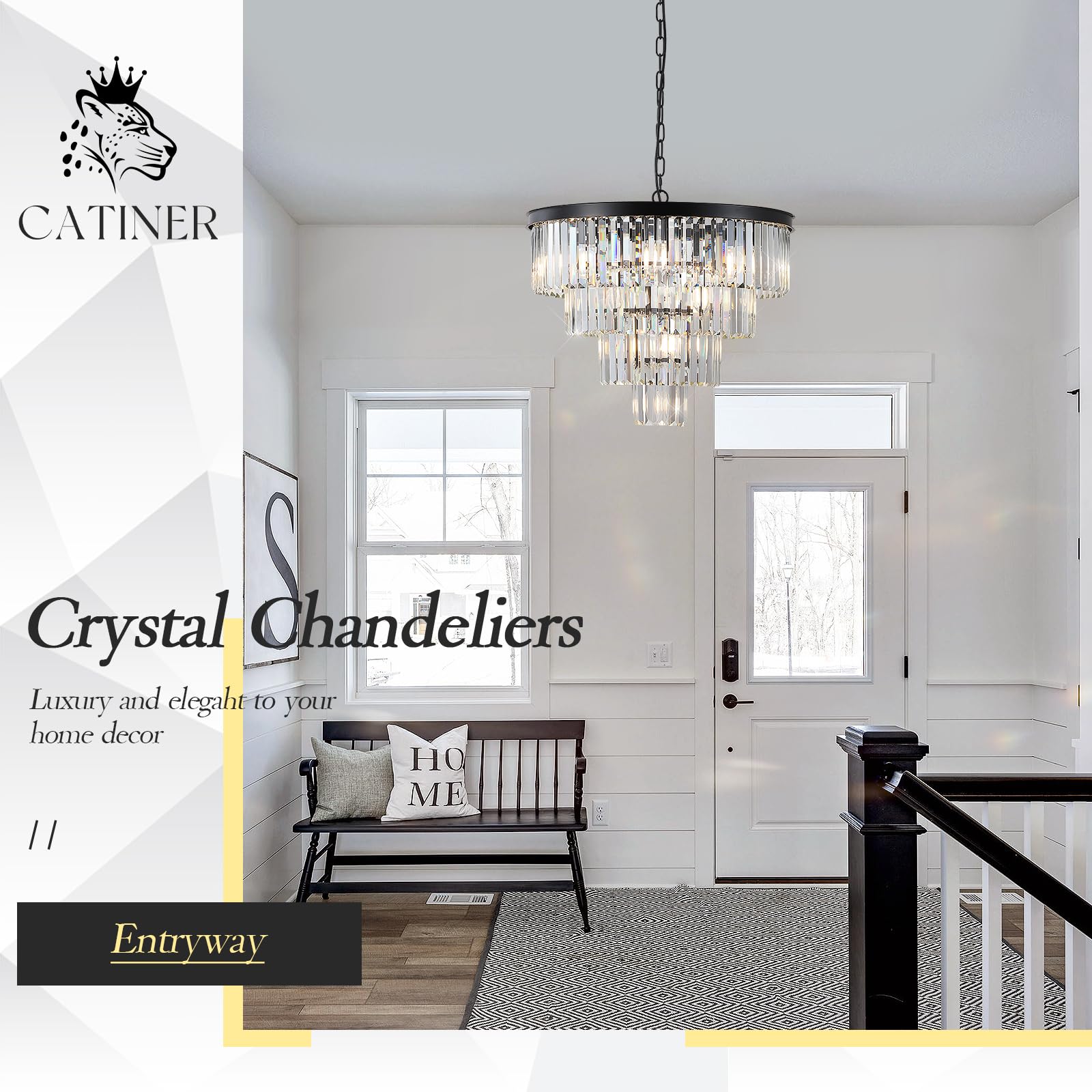 Catiner Modern Black Crystal Chandeliers,24    Ceiling Round Chandelier,Luxury Flush Mount Pendant Light Fixture With Chain Farm