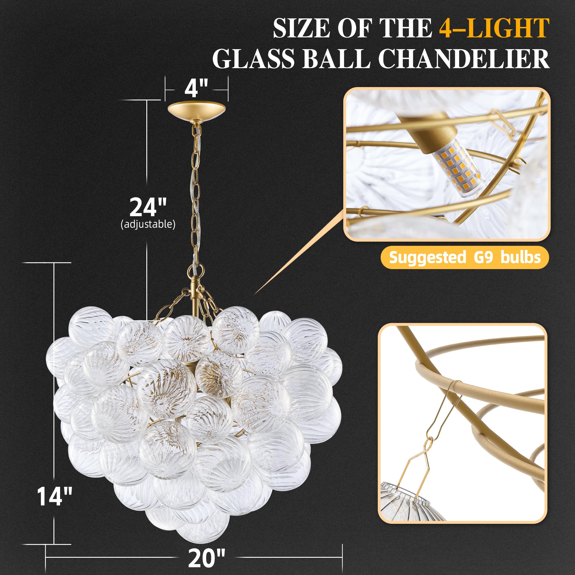Beypan Gold Bubble Chandelier Lighting Dia 20" Swirled Clear Ribbed Hand Blown Glass Ball Chandeliers Hanging Decorative Light Fixture For Living Room Hallway Entryway Foyer Dining Room
