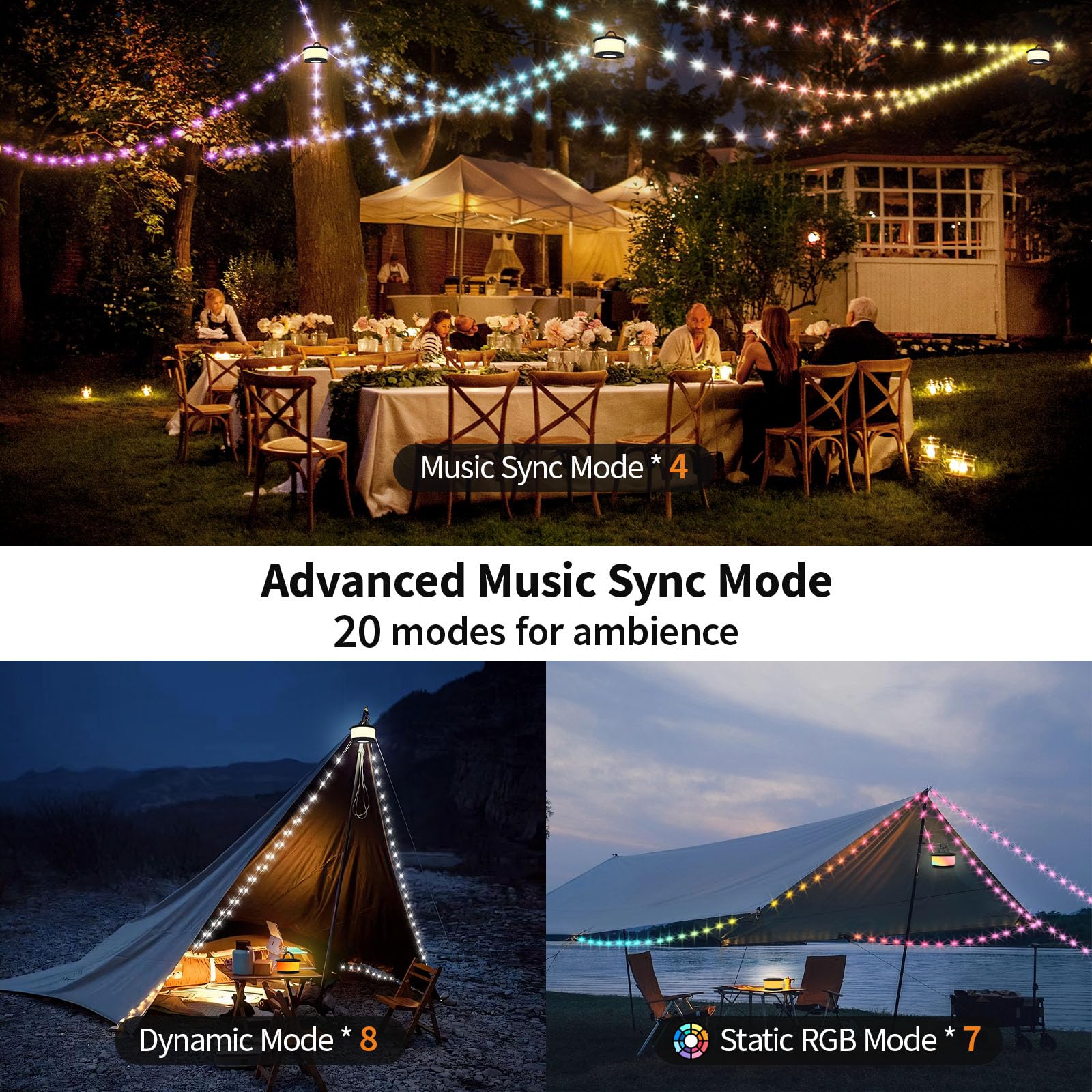 TOHETO Camping String Lights, 3 in 1 Retractable RGB, 19 Lighting Modes, 32.8 FT, Rechargeable, Black, Model JSK-L26