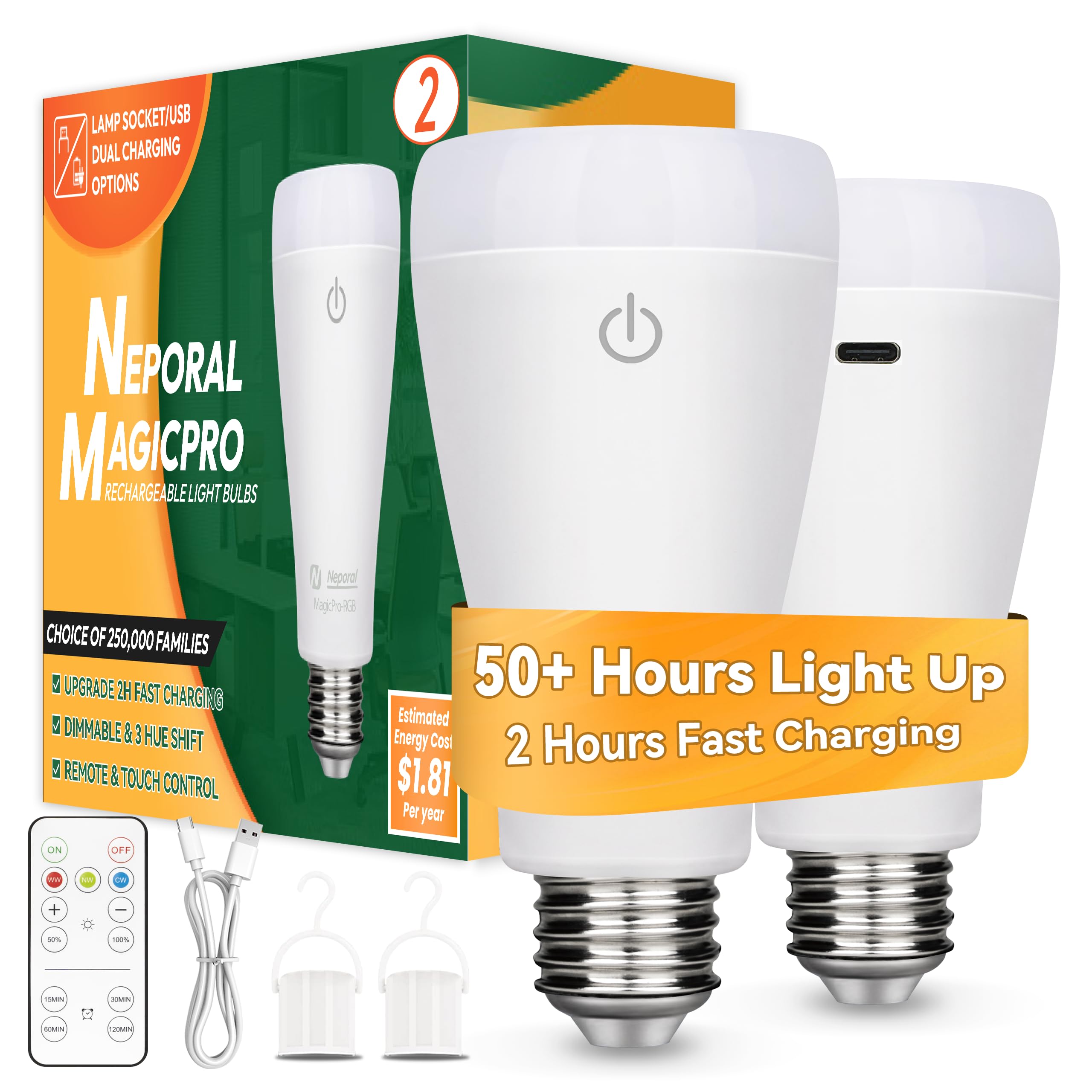 Neporal Magixpro Rechargeable Light Bulbs With Remote, Usb + Socket Rechargeable, 1800Mah Large Battery Light Bulb, 3 Color Shif