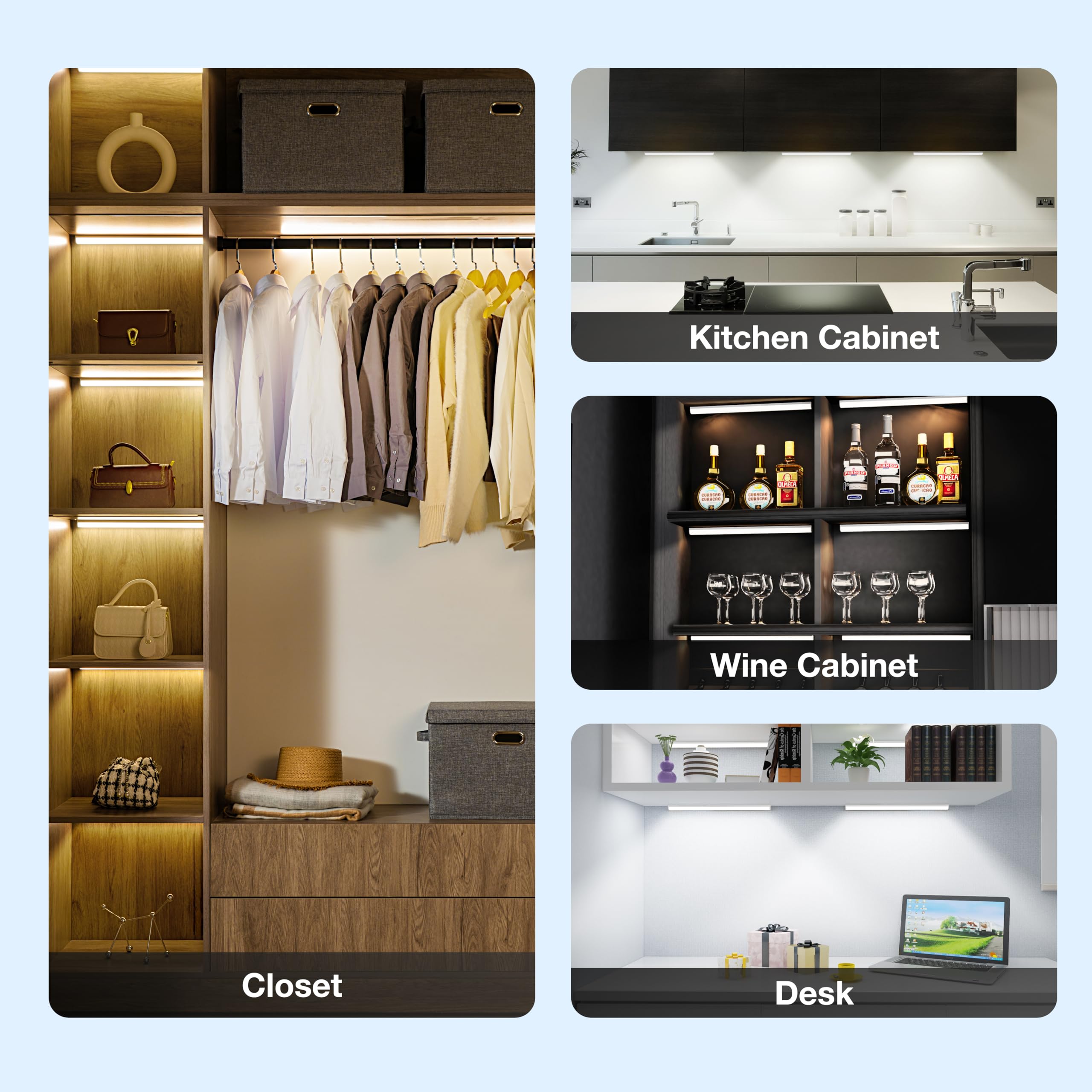 MEKKLEON Under Cabinet Lights, 40CM Wireless LED, Dimmable, Remote Control, USB Rechargeable, White, Model LB55, 2 Pack