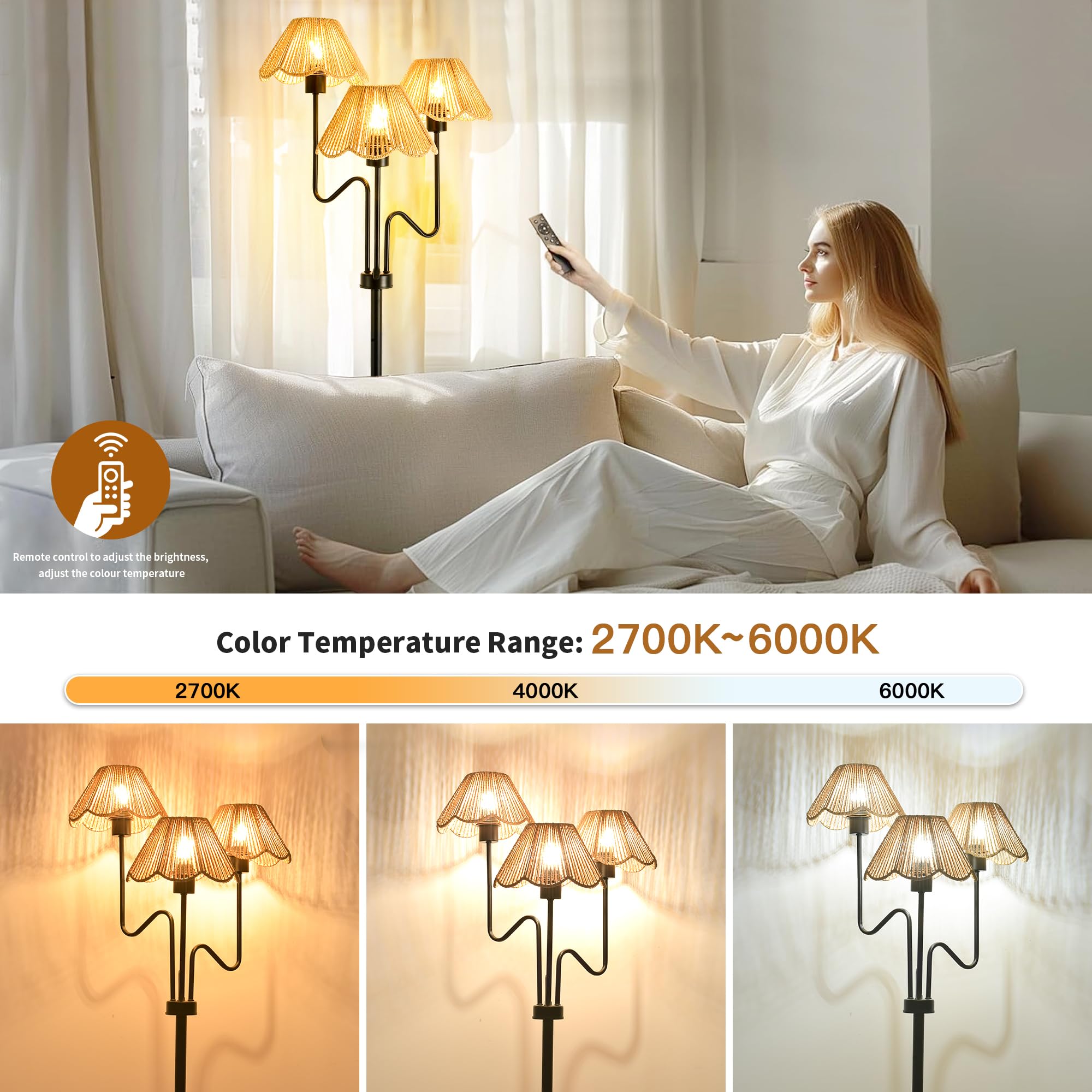 Zecoxol Rattan Floor Lamp For Living Room Bedroom,3-Light Floor Lamp With Remote Control,Boho Flower Lamp Black Tree Standing La