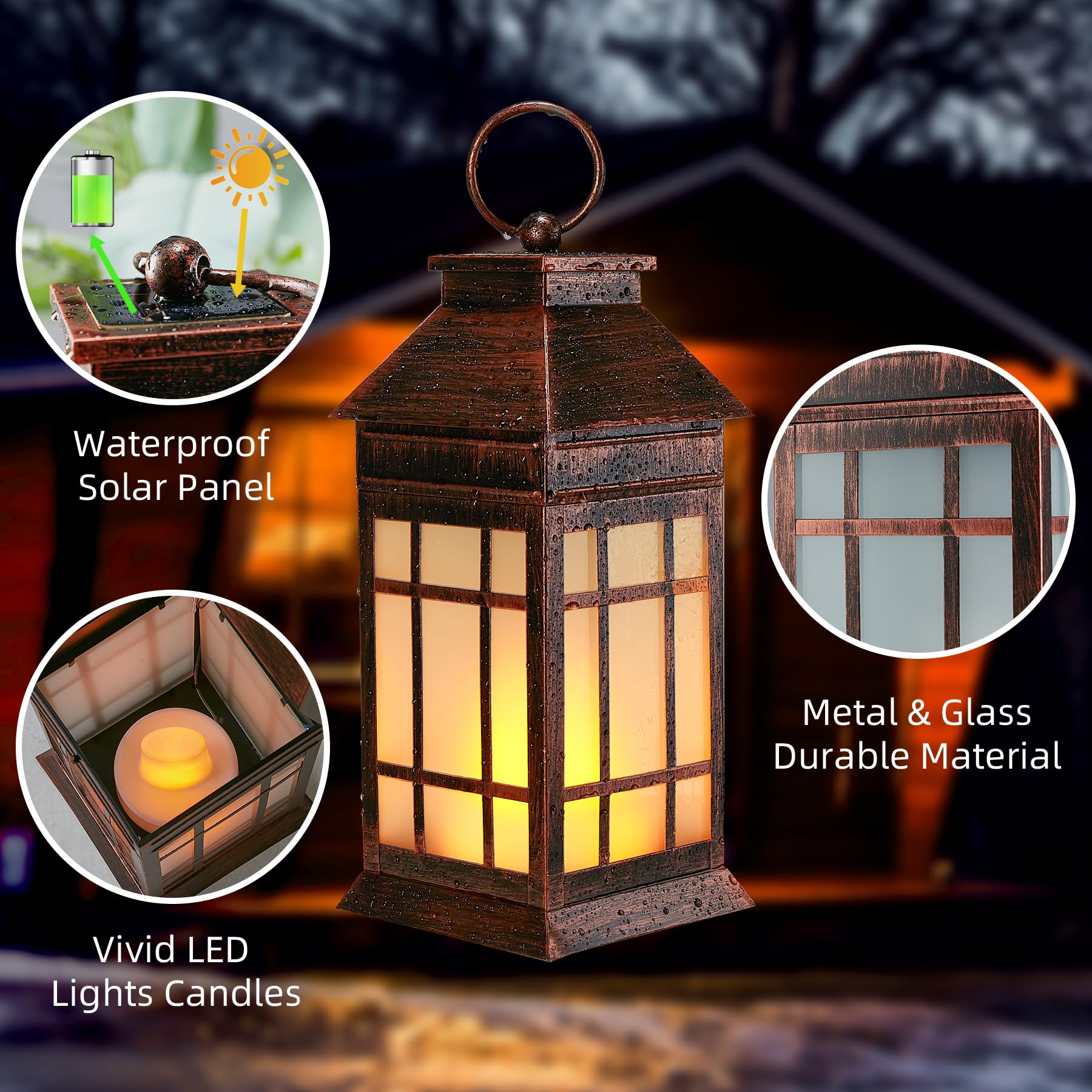 anyperfect Solar Lantern - 18" Waterproof Glass with Flickering Flame - Vintage Copper - Outdoor Decorative for Patio & Garden - Model DL01B