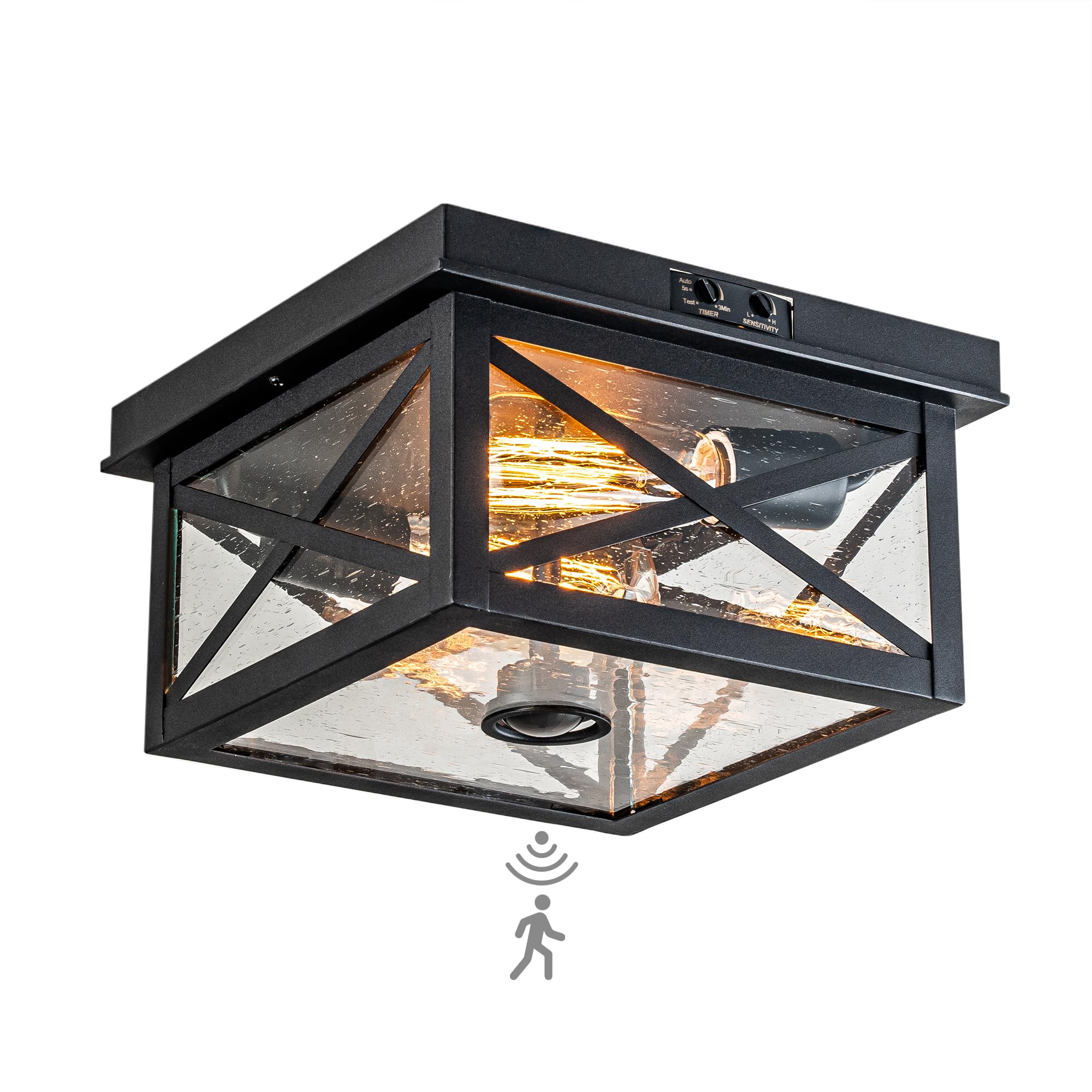 Oupavocs Outdoor Ceiling Light With Motion Sensor, Black 2-Light Flush Mount For Porch & Patio