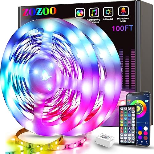 ZOZOO Smart RGB LED Strip Lights, 100ft (2 Rolls of 50ft), Multicolor, Plastic, Model Z-100FT, Remote & APP Control, Music Sync