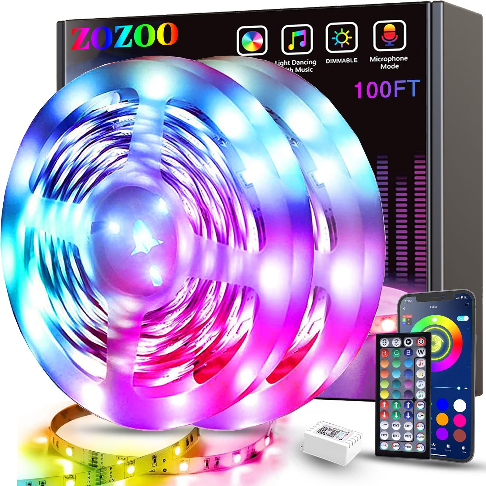 ZOZOO Smart RGB LED Strip Lights, 100ft (2 Rolls of 50ft), Multicolor, Plastic, Model Z-100FT, Remote & APP Control, Music Sync