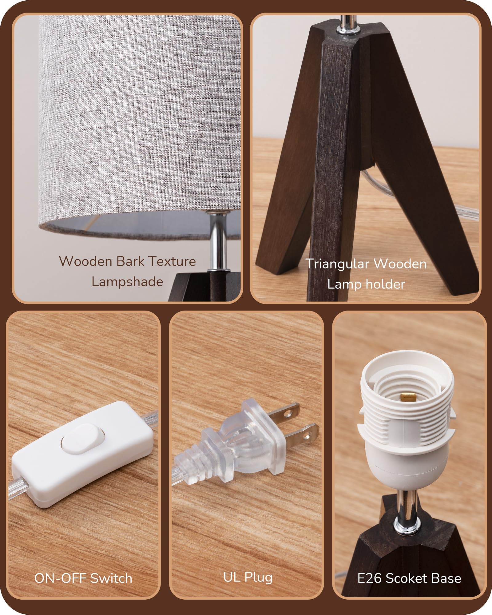Edishine Boho Small Table Lamp, Walnut Color Wooden Tripod Bedside Lamp, Farmhouse Nightstand Lamp For Nursery, Bedroom, Office,