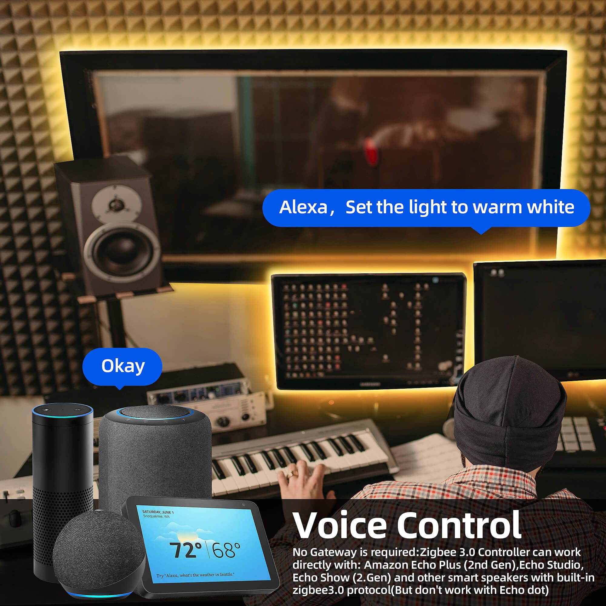 GIDERWEL Smart ZigBee 3.0 USB LED Strip Light Kit, RGBCCT, 2m, for APP/Alexa Voice Control, Model ZC05M-USB