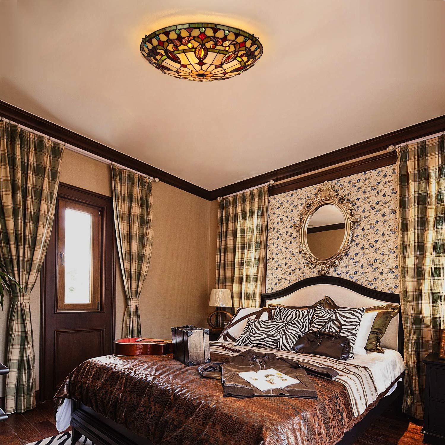 Artzone Tiffany Ceiling Light, 3-Lights Stained Glass Flush Mount, 16 Inch, Brown Cream, Model Ar164339Sf