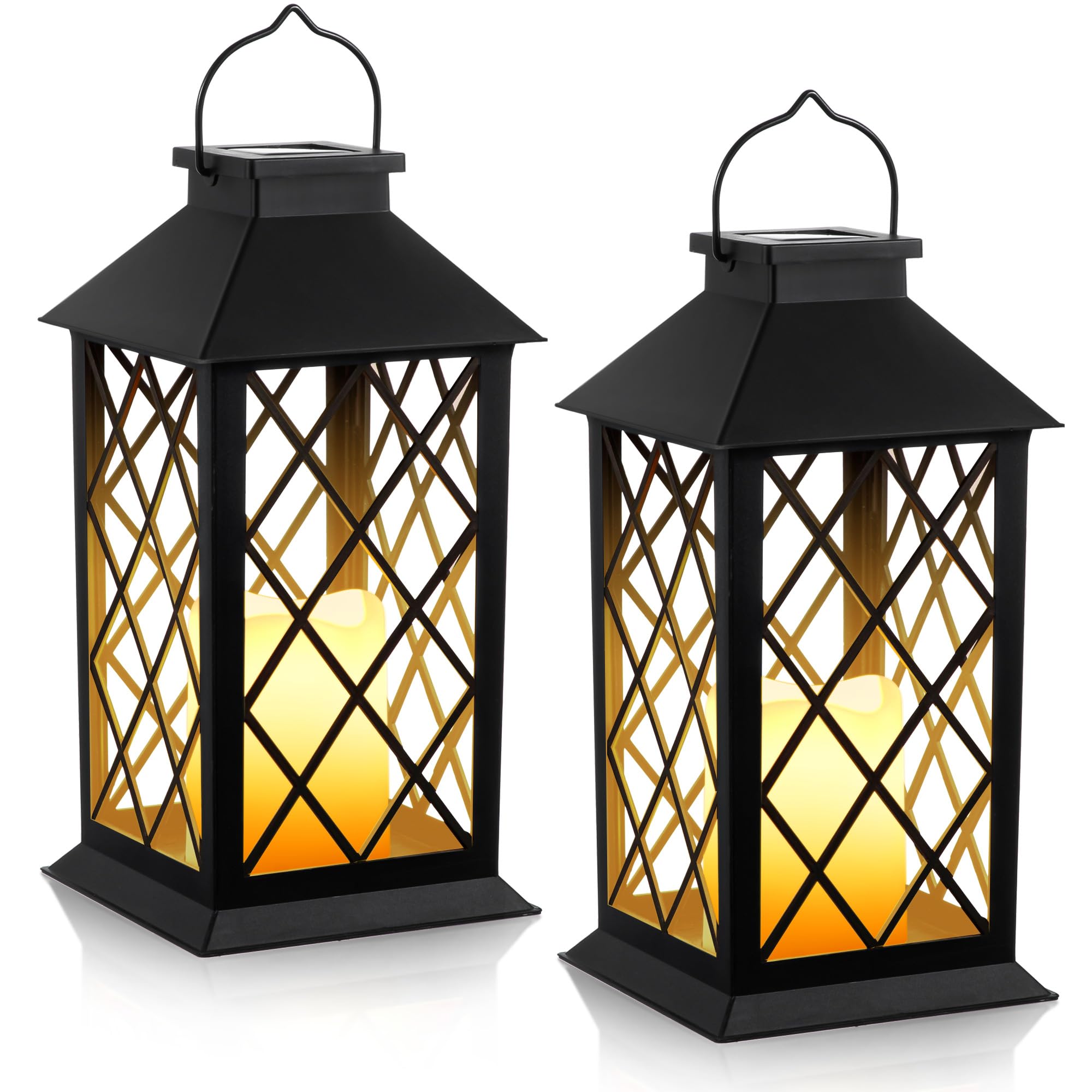Meonum 2 Pack Solar Hollow Lanterns - Waterproof Led Flickering Flameless Candle Lights, Black