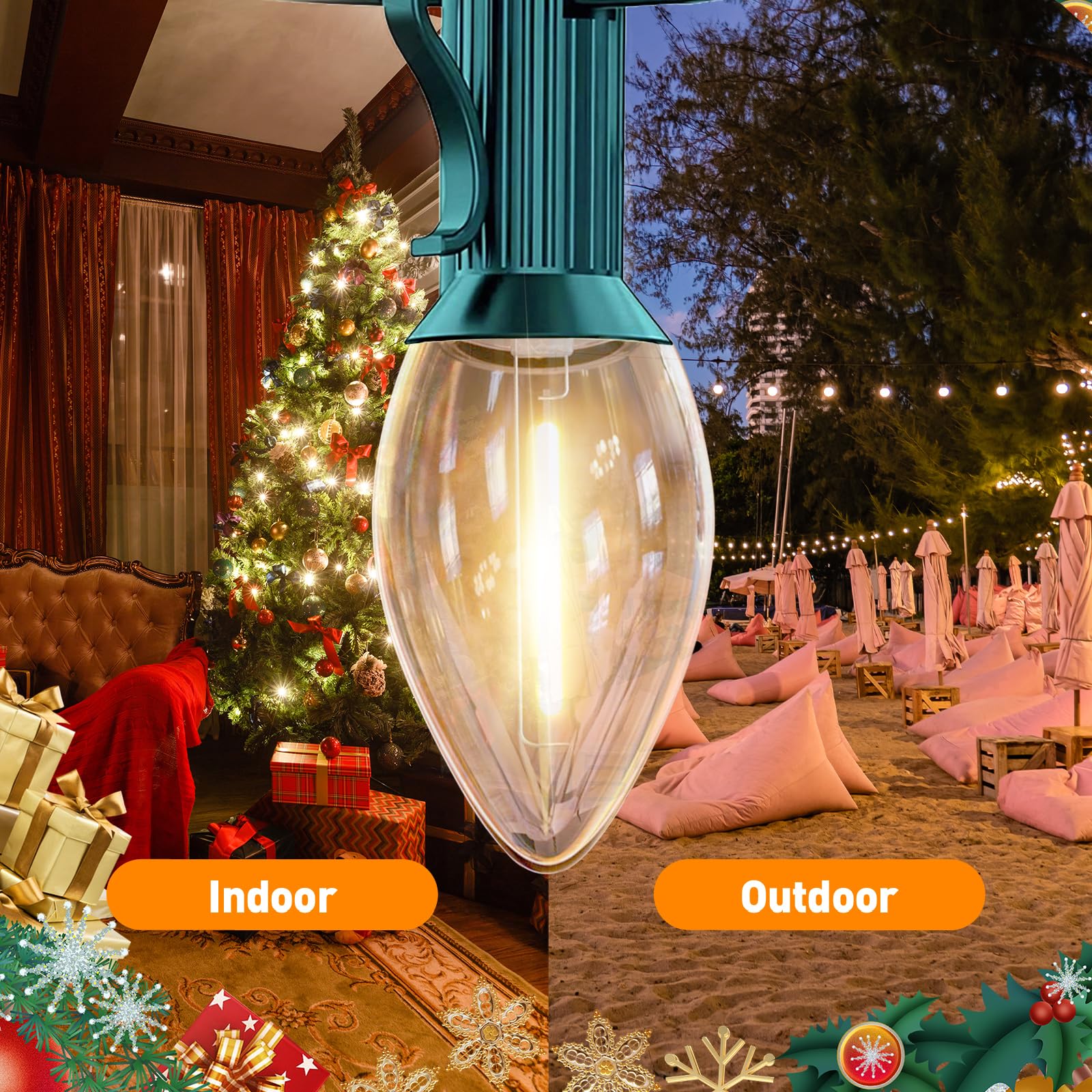 CHYSUPER C7 Christmas Lights, Clear Led Halloween Decorations Lights, 10Ft Outdoor String Lights with 10 Clear Led Bulbs, Vintag