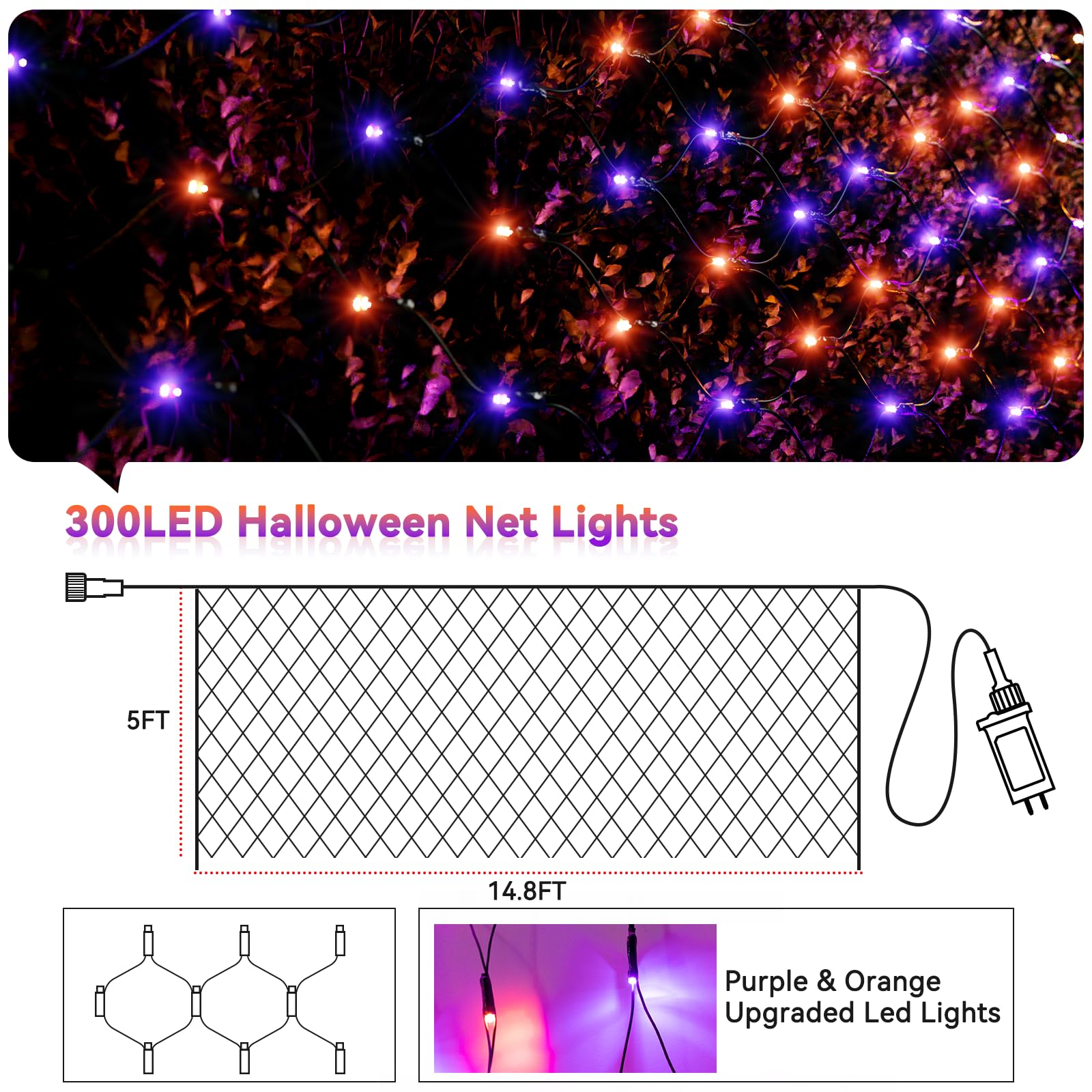 Lithome 14.8Ft X 5Ft Halloween Net Lights  300 Led Purple Orange Bush Lights With 8 Modes  Connectable Waterproof Net Mesh Light Dark Green Wire For Bushes Shrubs Trees Outdoor Holiday Decor