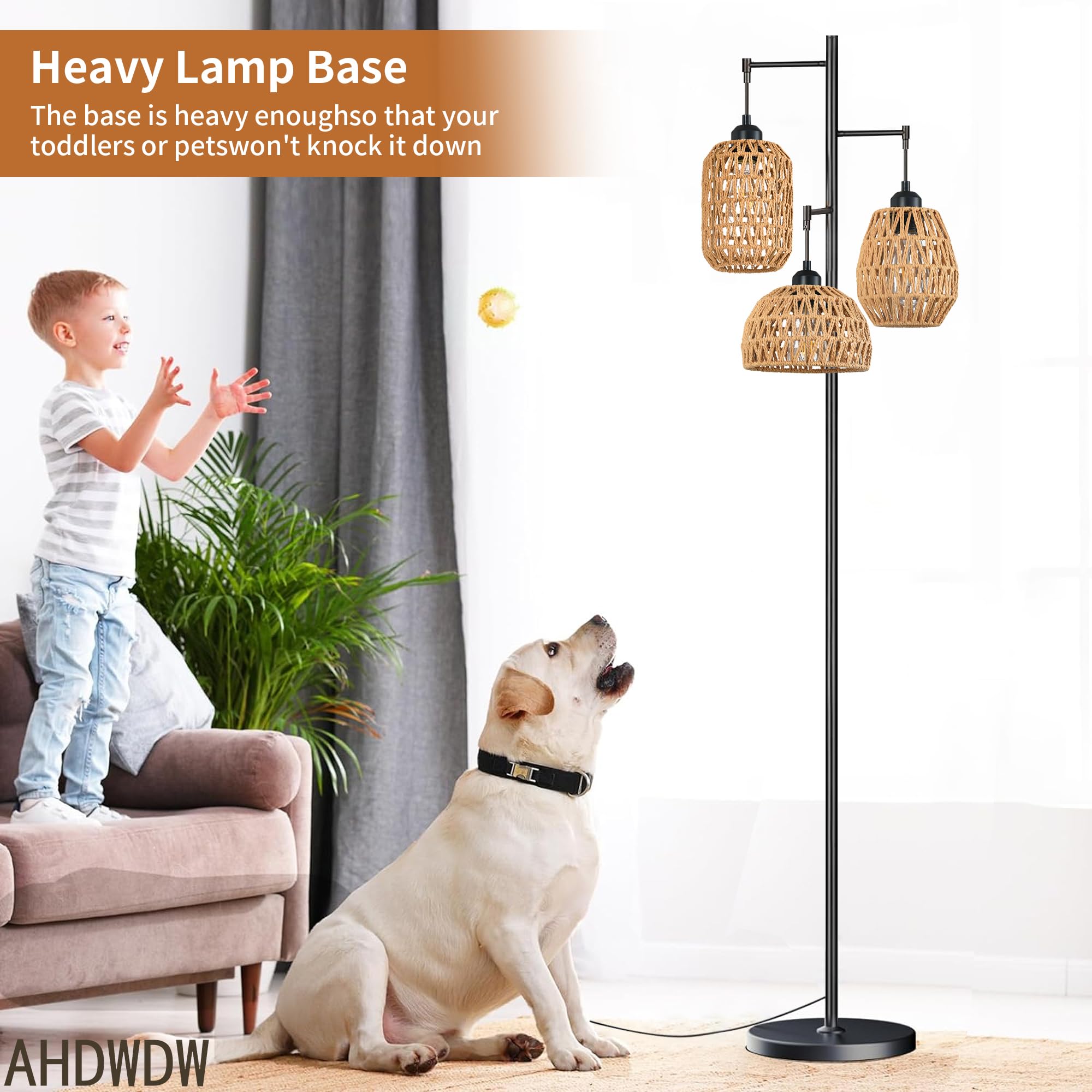 Ahdwdw Boho Floor Lamp For Living Room Bedroom - Farmhouse 3 Rattan Wicker Shades, Rustic Black Vintage Standing Light 68'' Tall