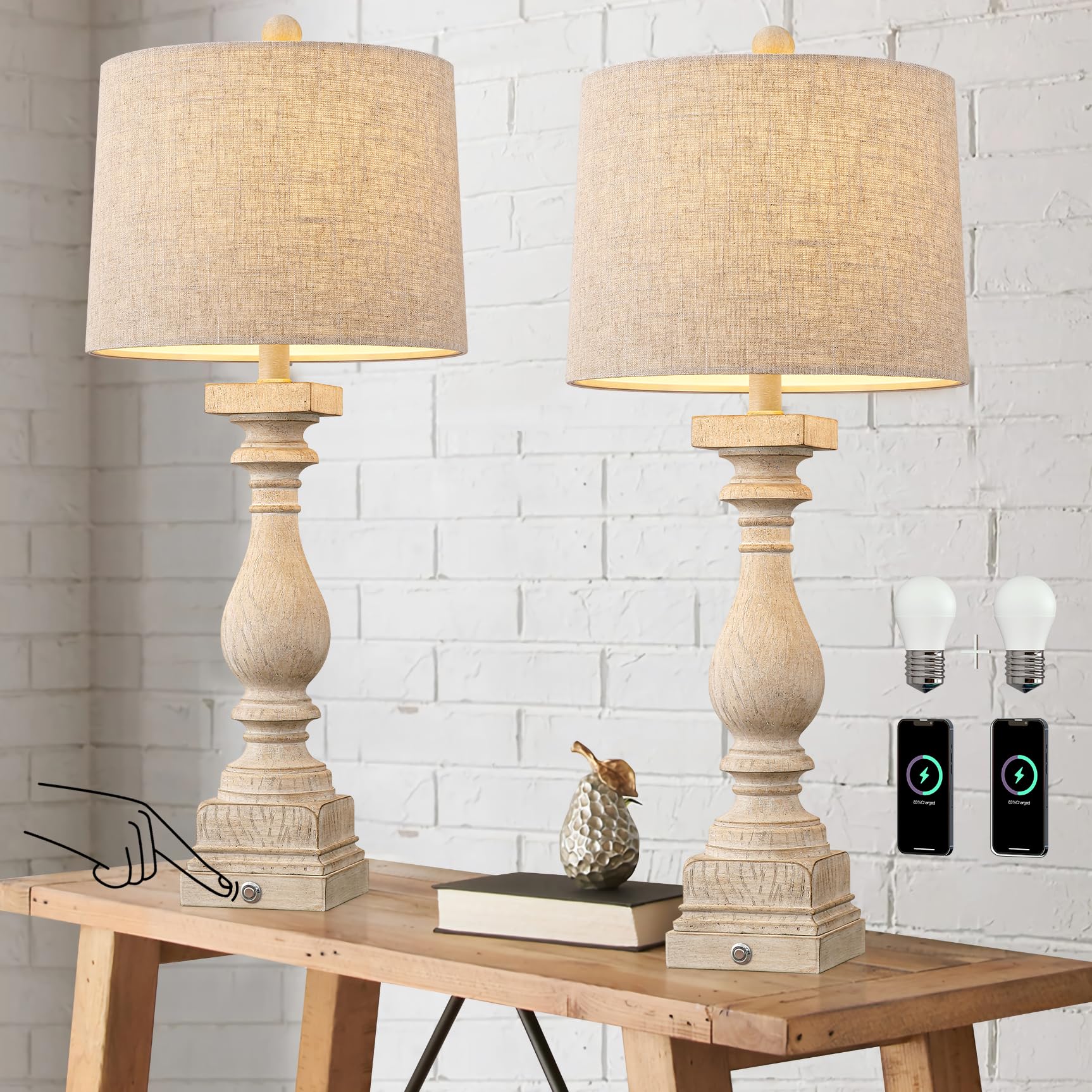 BOBOMOMO 27in Farmhouse Table Lamp Set of 2, Dimmable Touch Control, USB A & C Ports, Resin, Beige, Model AMZ-T279WW-TU