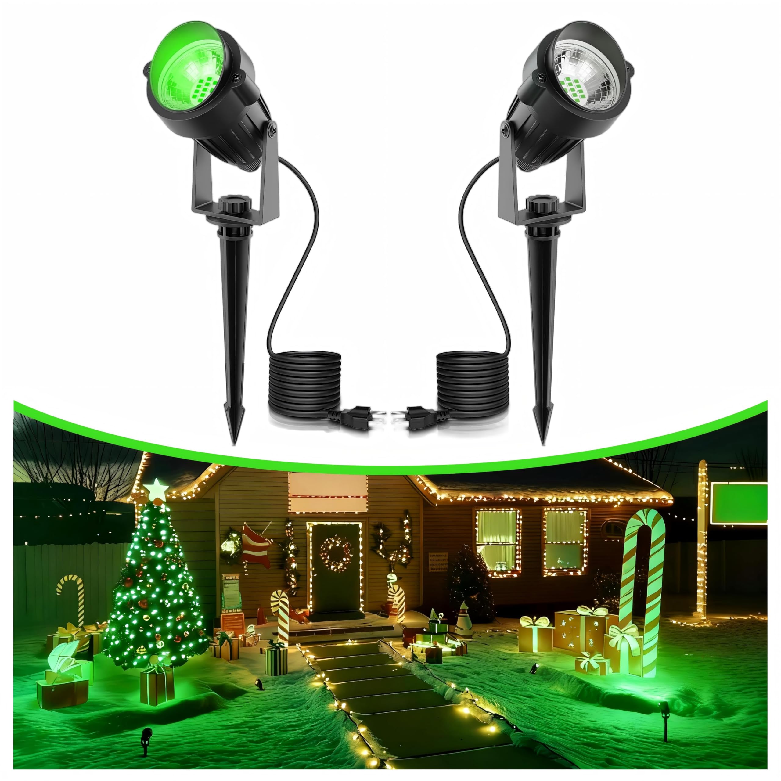 LOHAS Green Spotlight Outdoor, Christmas Green LED Spot Lights for Yard, Auto On/Off 5W 120V Landscape Lighting for House, Holid