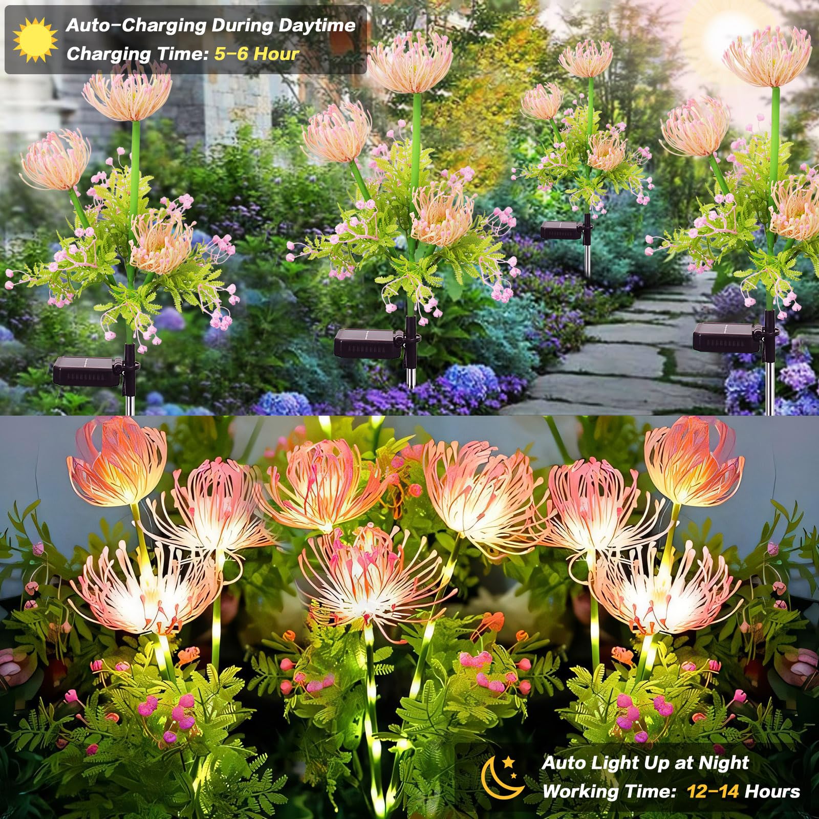 Syouhome 4-Pack 12 Head Solar Flowers Lights  Waterproof Solar Garden Lights Outdoor For Christmas  Flower Lights With Glowing Stems  For Flowerpot Yard Pathway Balcony Patio Garden Decor