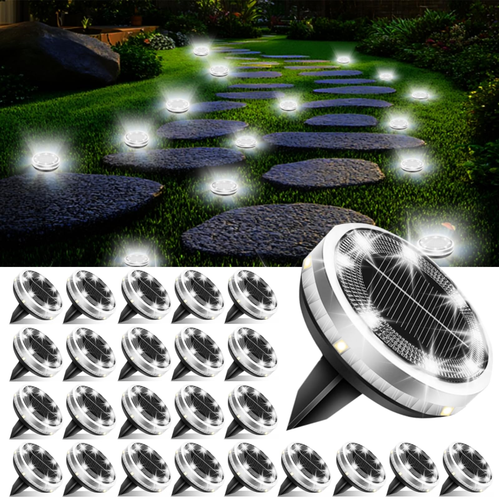 Solar Ground Lights Outdoor 26 Pack Waterproof, Upgraded Solar Garden Lights with 4 Side Light, Stainless Steel Solar Powered Di