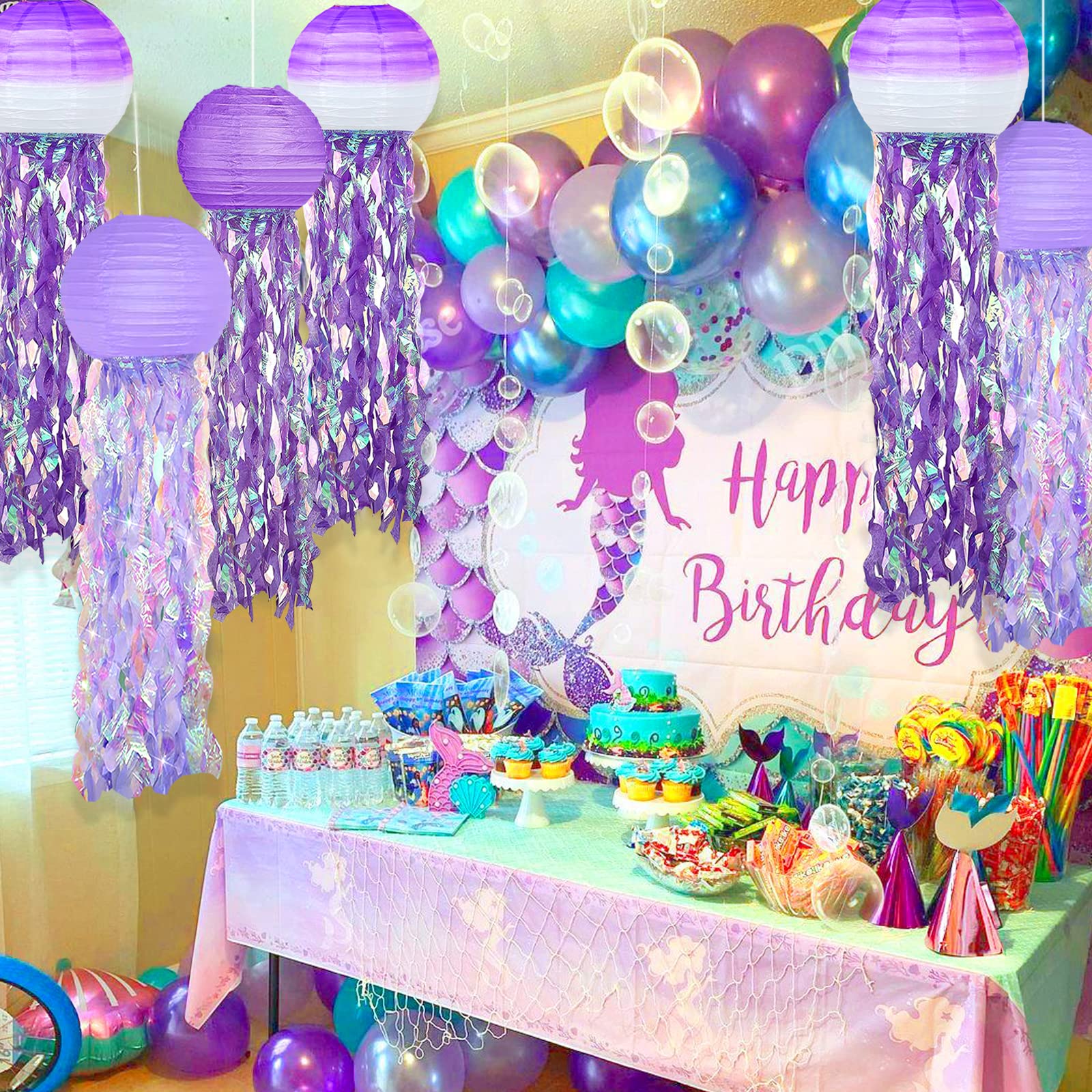 6 Packs Jellyfish Paper Lanterns Hanging Mermaid Wishes Lantern Gradient Purple Lavender Purple Ocean Theme Party Supplies Great