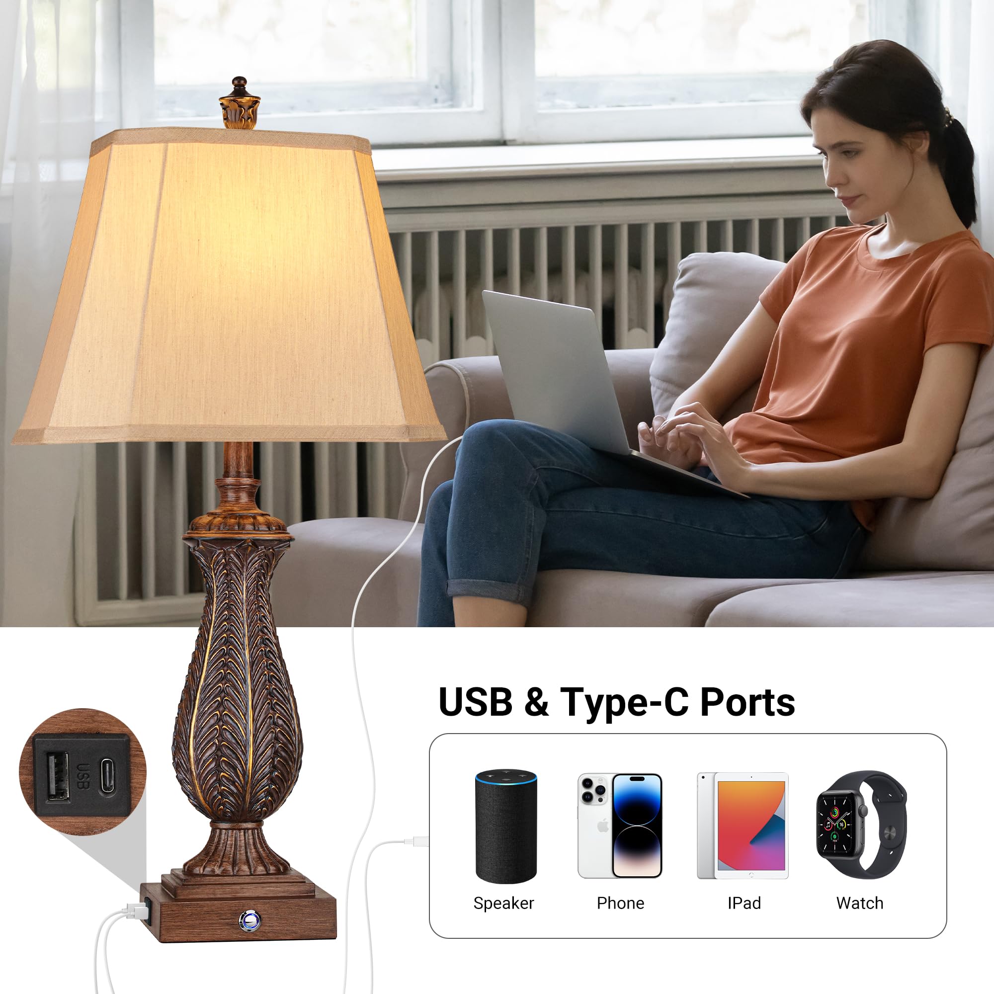 Wihtu 3-Way Dimmable Touch Table Lamps Set Of 2, 30&quot; Brown Resin Nightstand Lamp With Usb