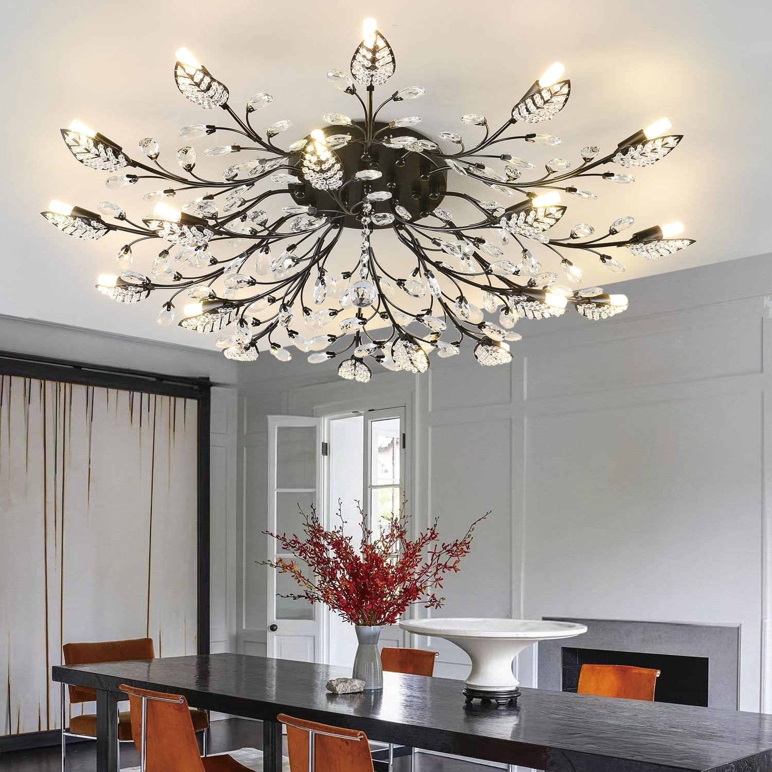 Ridiss Modern Crystal Ceiling Light Fixture, 18-Lights Semi Flush Mount, Black, Model SJD-15, Crystal and Metal Material