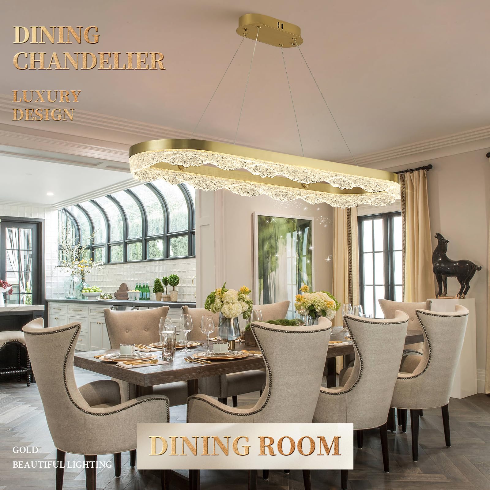 Sparklelf Modern Gold Chandelier L39.4? Luxury Rectangular Led Chandelier For Dining Room Luxury Dimmable Flush Mount Pendant Li