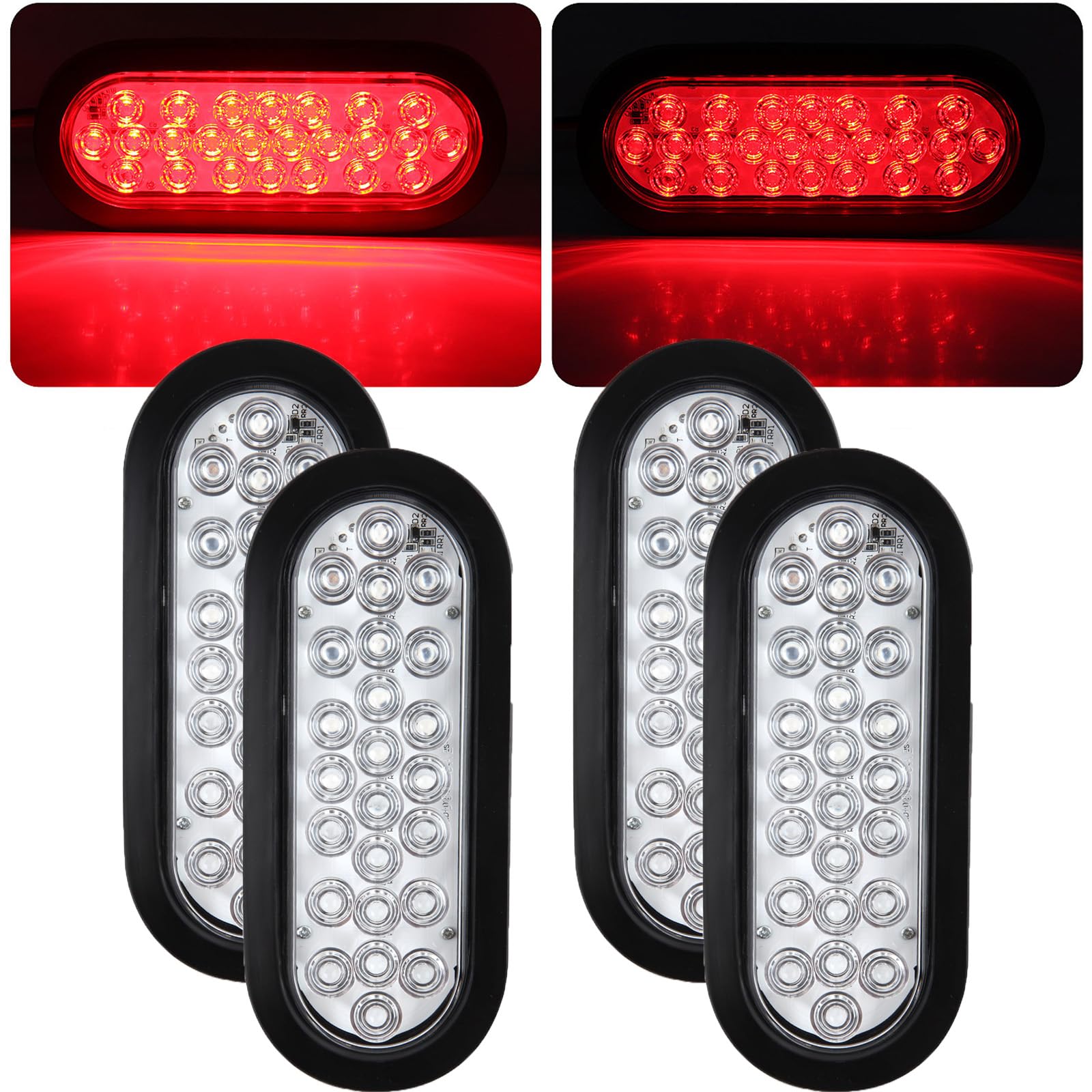 Traberm 4Pcs 6 Inch Oval Red 24 Led Trailer Tail Lights Clear Lens  Clear Lens Oval 6 Red LED Stop Turn Tail Brake Lights Flush Mount Sealed for Truck Trailer RV Boat Utility IP67 Waterproof 12V
