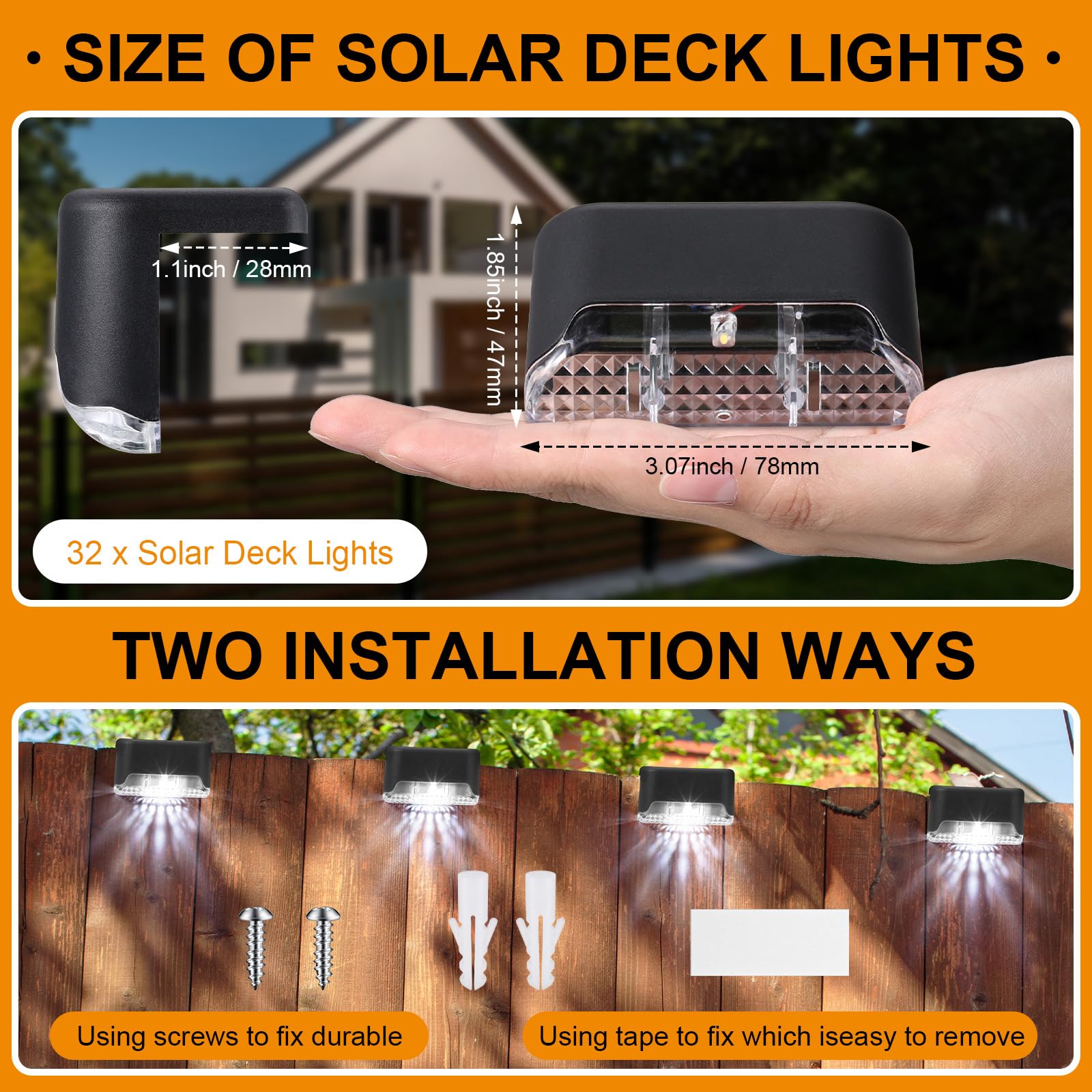 Geelin Solar Deck Lights - 32 Pcs Waterproof LED Step Lights for Stairs, Railing, Patio, Garden, Black Shell Cool White Light