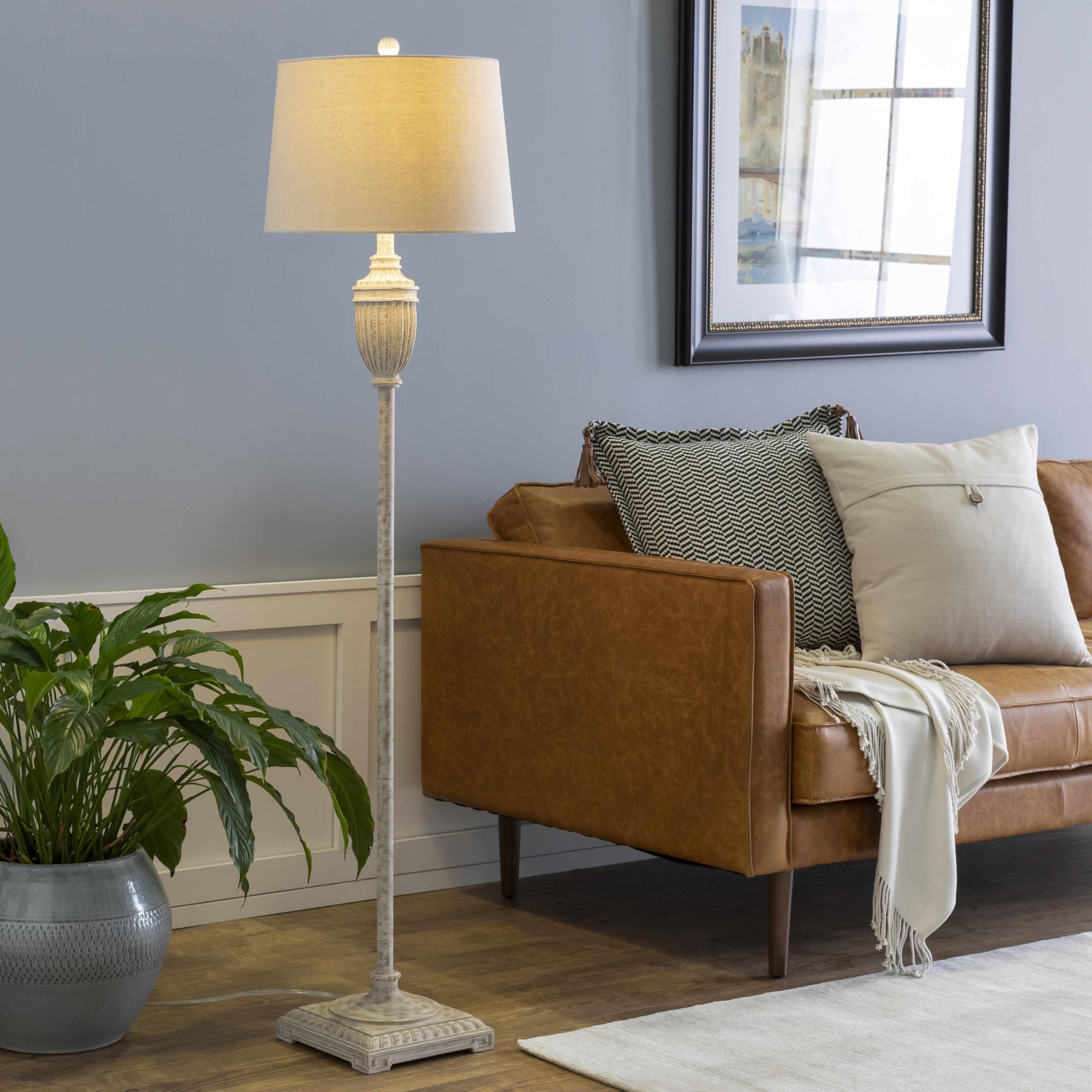 Boutiquerugs Butazon Floor Lamp For Living Room - Boho Standing Lighting - Shade Linen - Cream, White - 59'' H