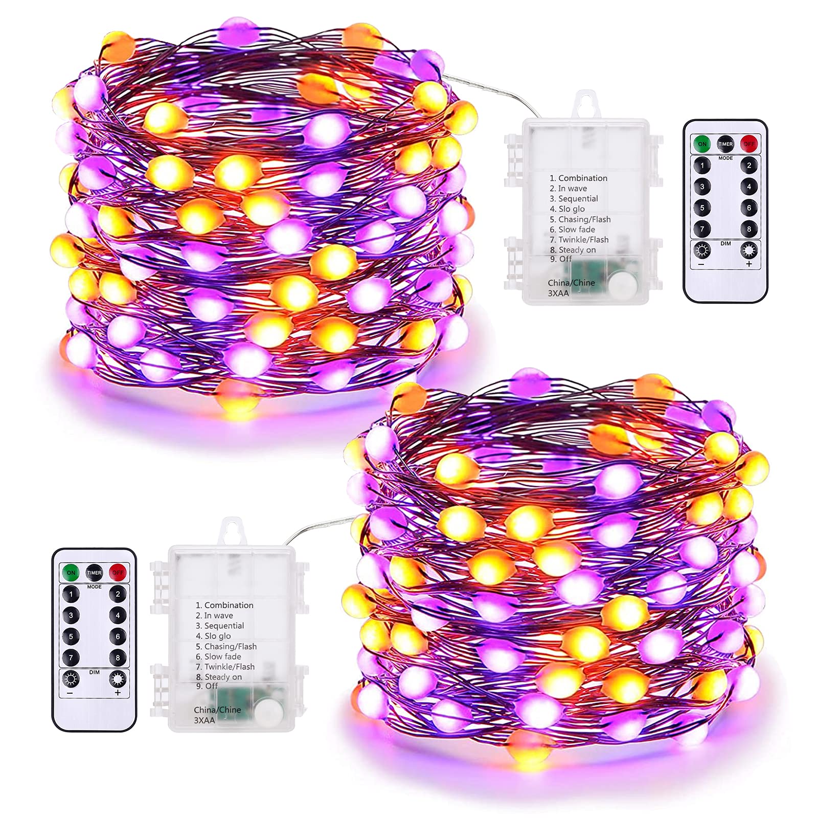 BrizLabs Halloween String Lights, 2 Pack 50 LED, 17.48ft, Waterproof, Purple & Orange, 8 Modes with Remote